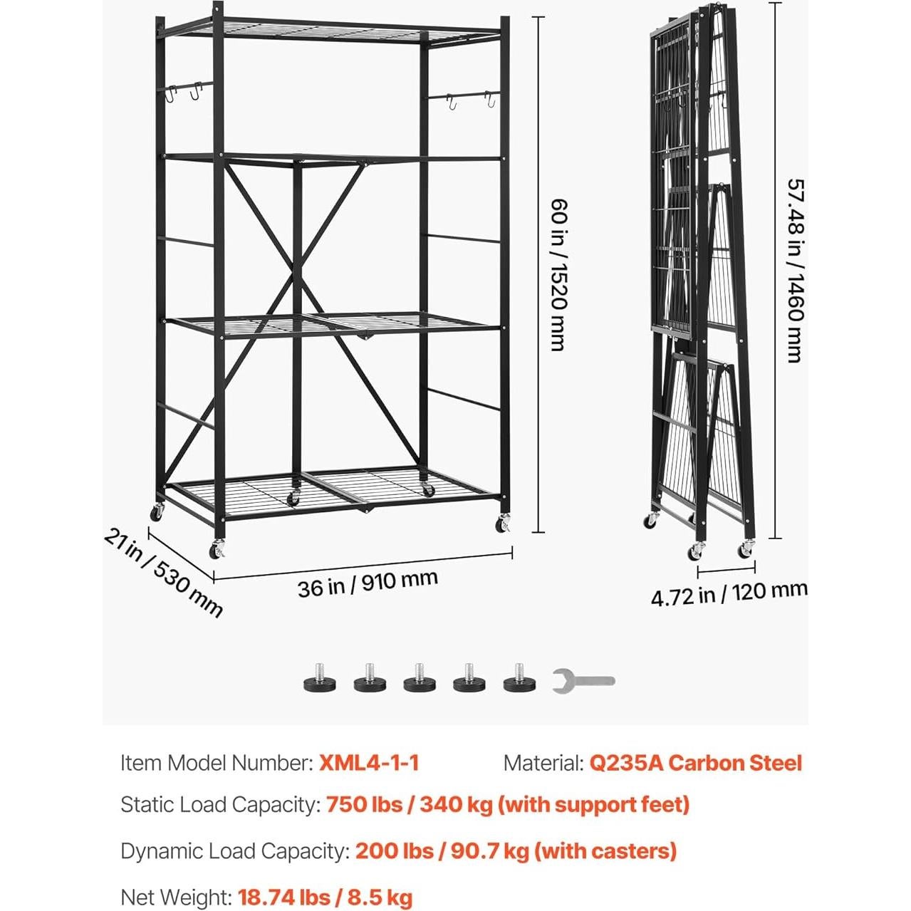 Estante Plegable VEVOR 4 Niveles 152.4 cm Metal Negro