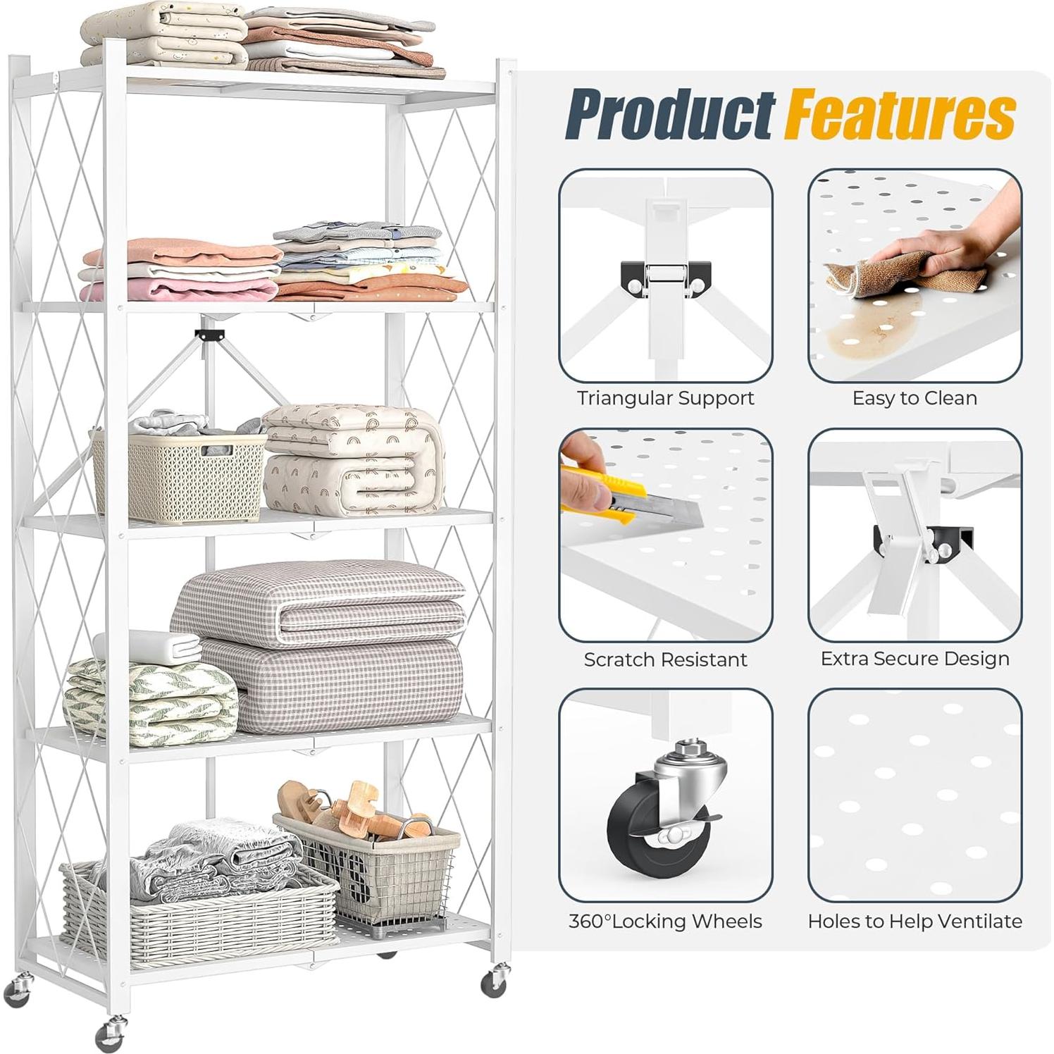 Estante Plegable SKONYON de 5 Niveles con Ruedas 360° Blanco