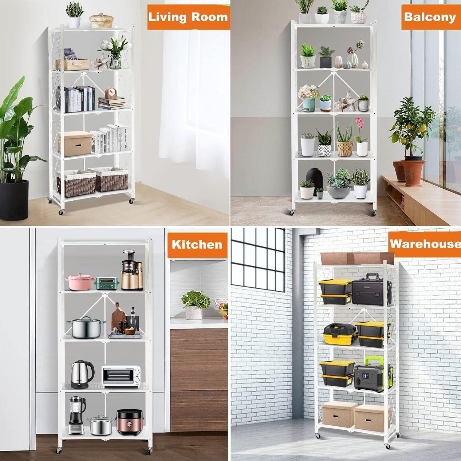 Estante Plegable SKONYON de 5 Niveles con Ruedas 360° Blanco