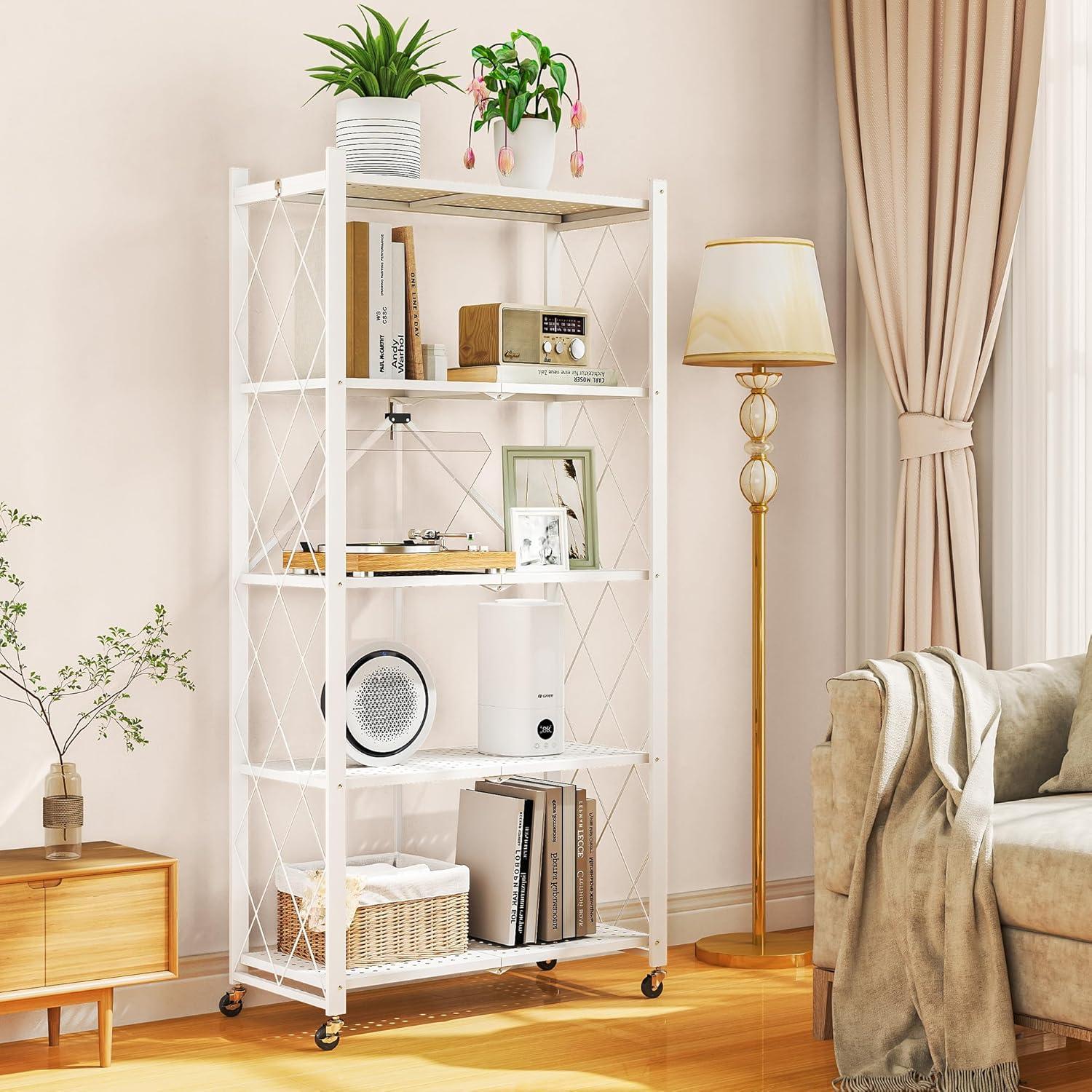 Estante Plegable SKONYON de 5 Niveles con Ruedas 360° Blanco