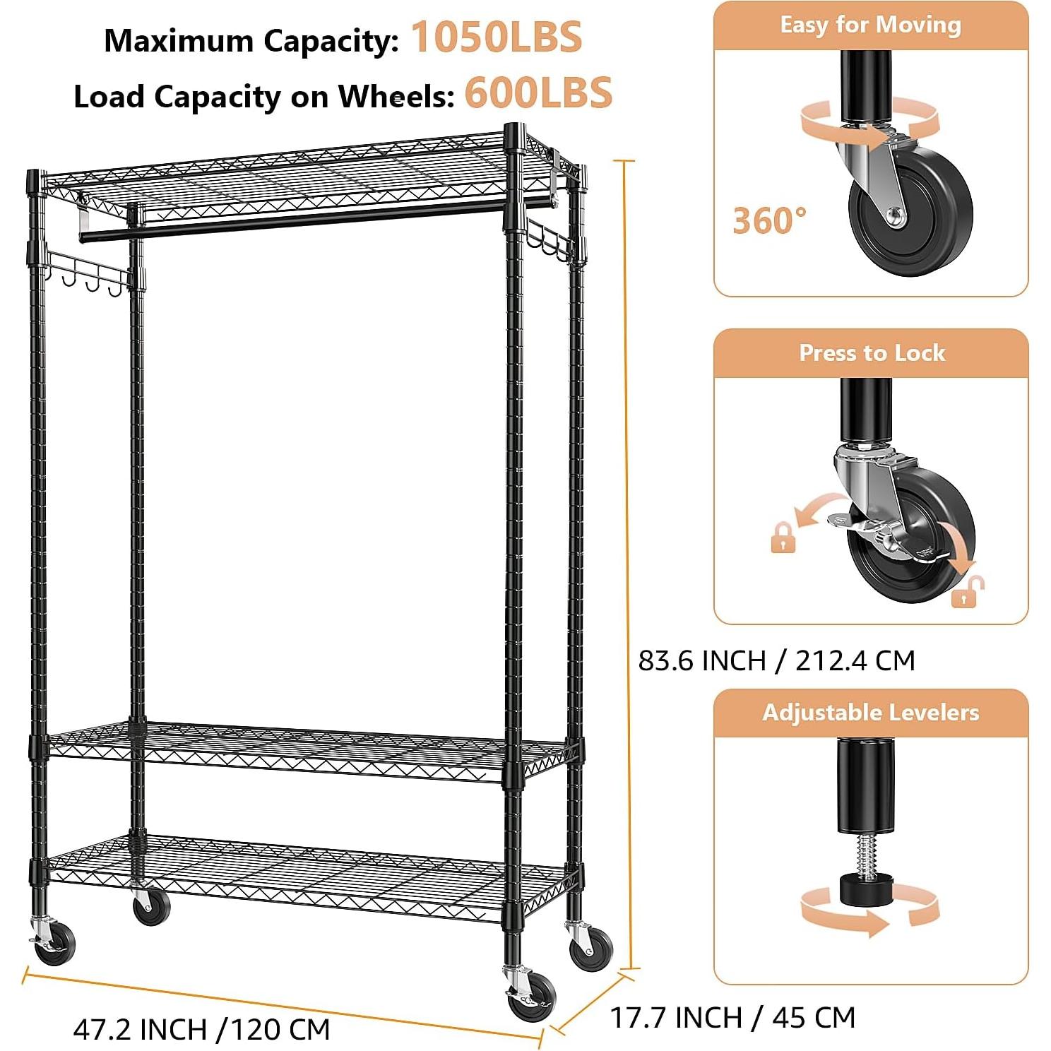 Carro de Ropa Rodante M MZG 3 Niveles Ajustable Negro 476 kg
