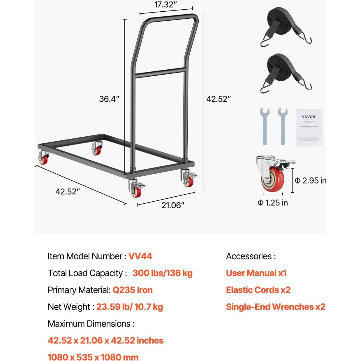 Carro para Sillas Plegables VEVOR, Capacidad 136 kg, Vertical