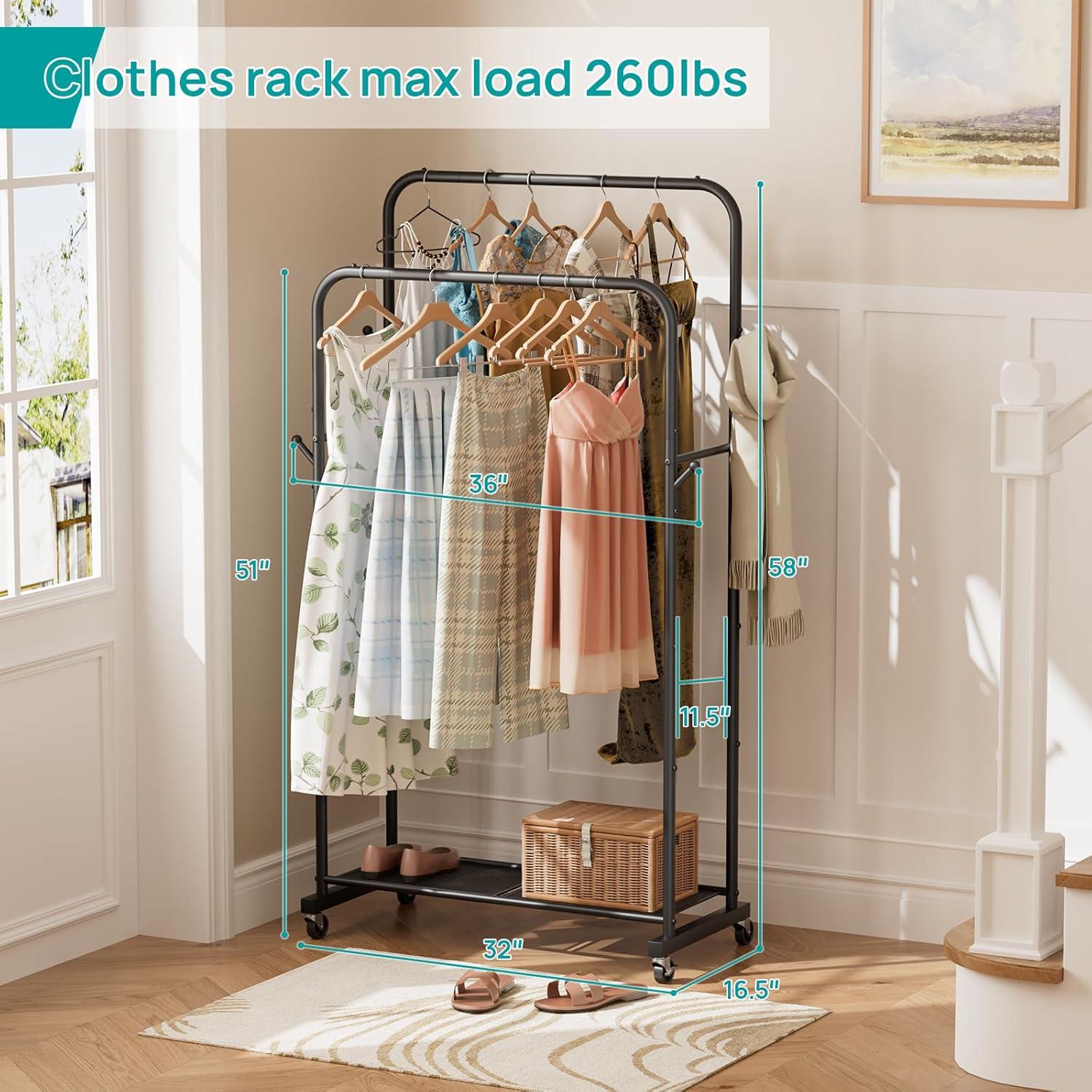 Perchero de Ropa SINGAYE Doble Barra Portátil Negro 145 cm