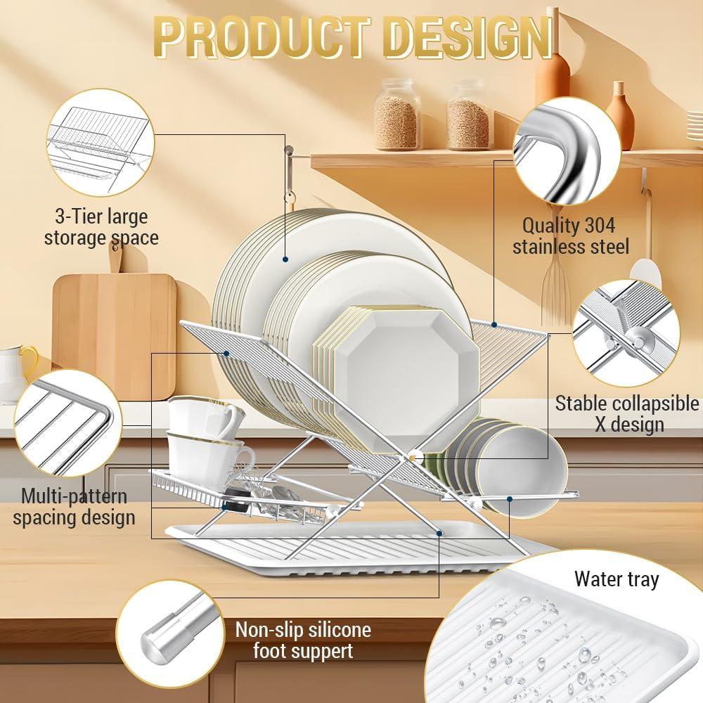Escurridor de Platos Plegable TABABAO Acero Inoxidable 3 Niveles