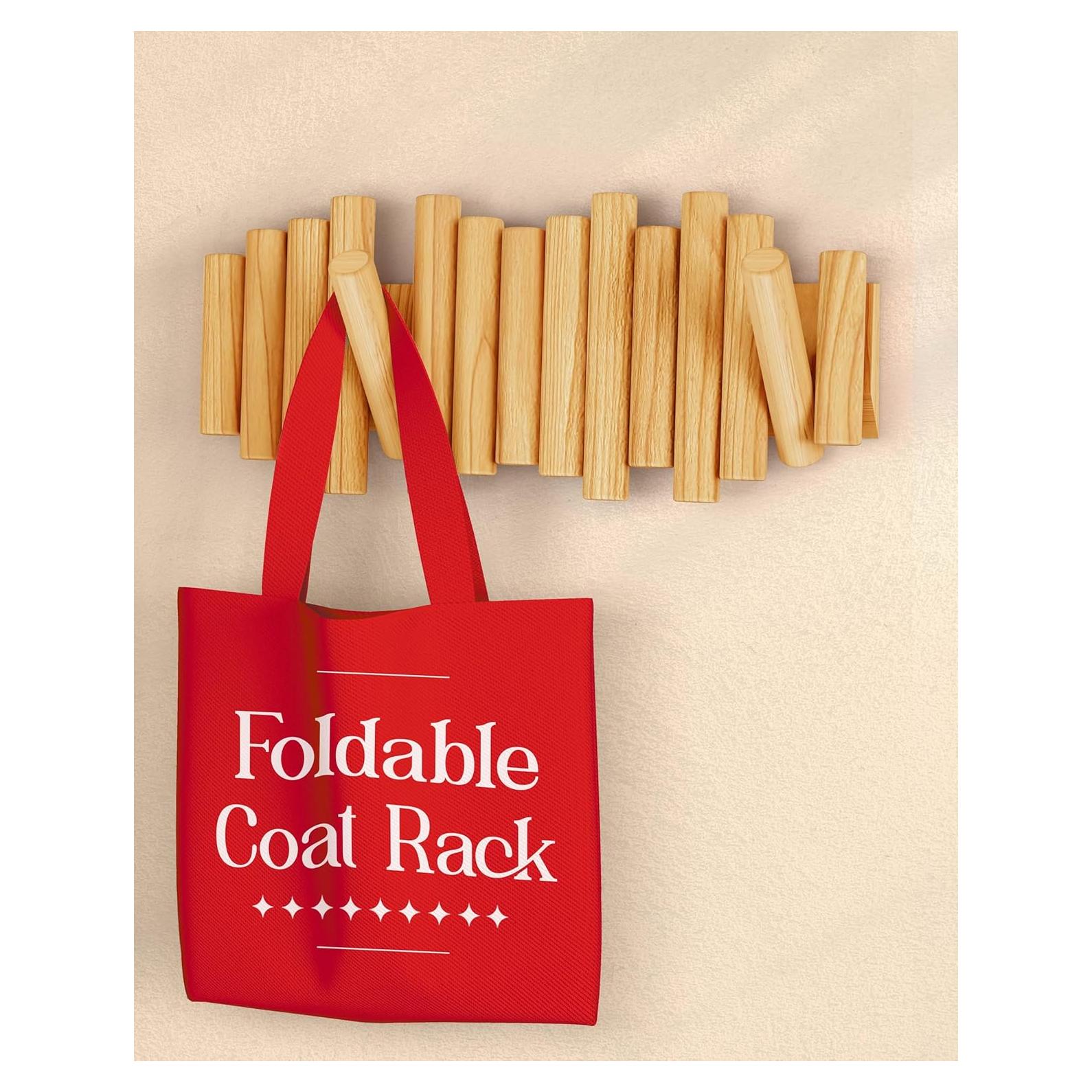 Perchero de Pared Plegable PRANZIA de Madera Natural con 5 Ganchos