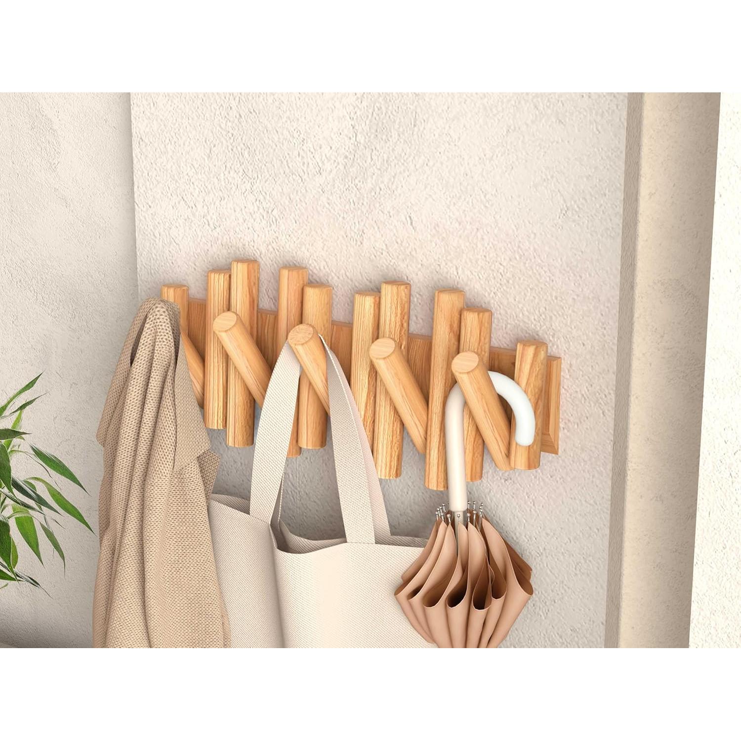 Perchero de Pared Plegable PRANZIA de Madera Natural con 5 Ganchos