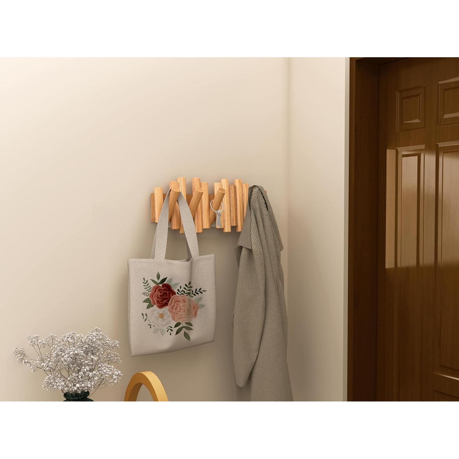 Perchero de Pared Plegable PRANZIA de Madera Natural con 5 Ganchos