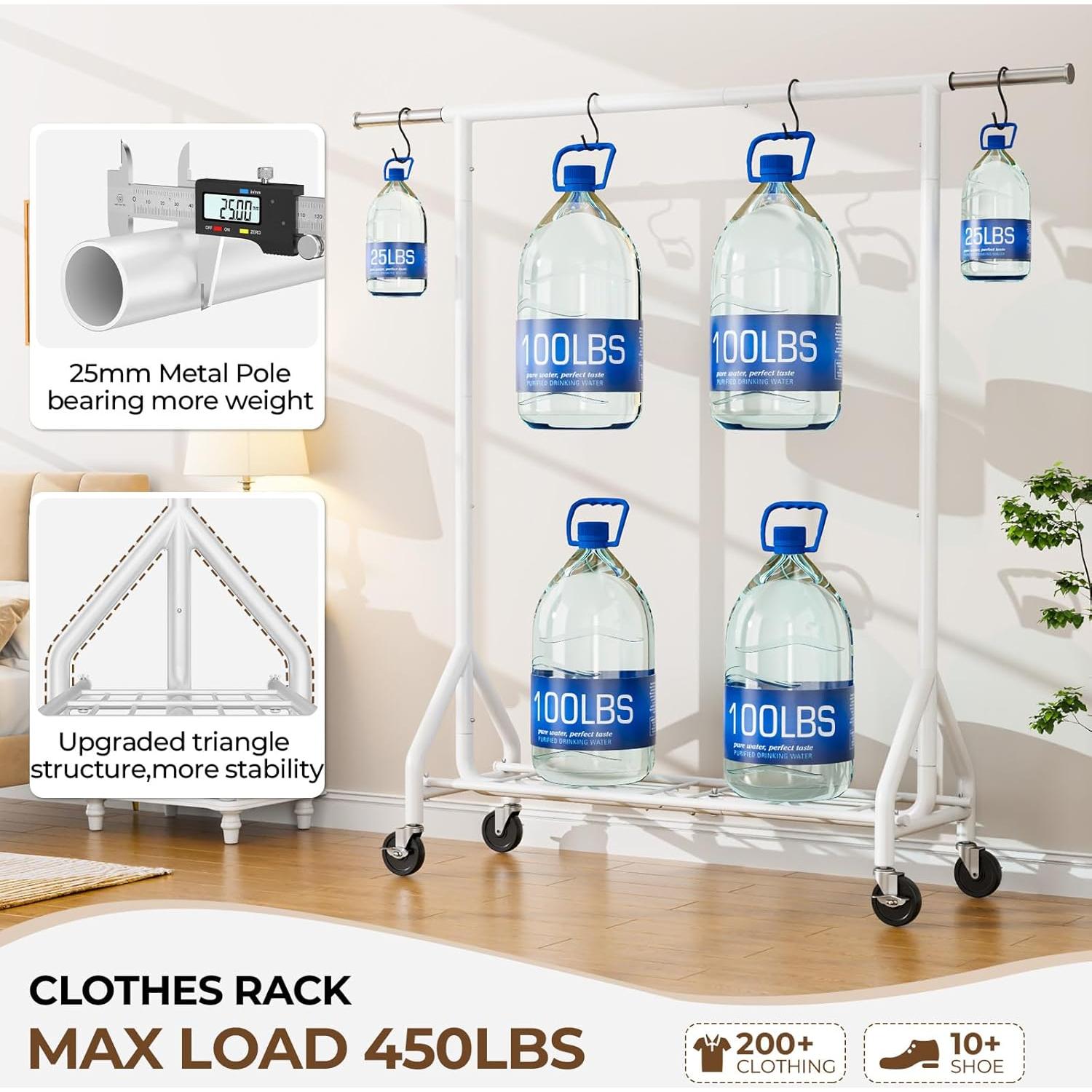 Perchero de Ropa Rodante HYSEYY Blanco Alta Resistencia 204 KG