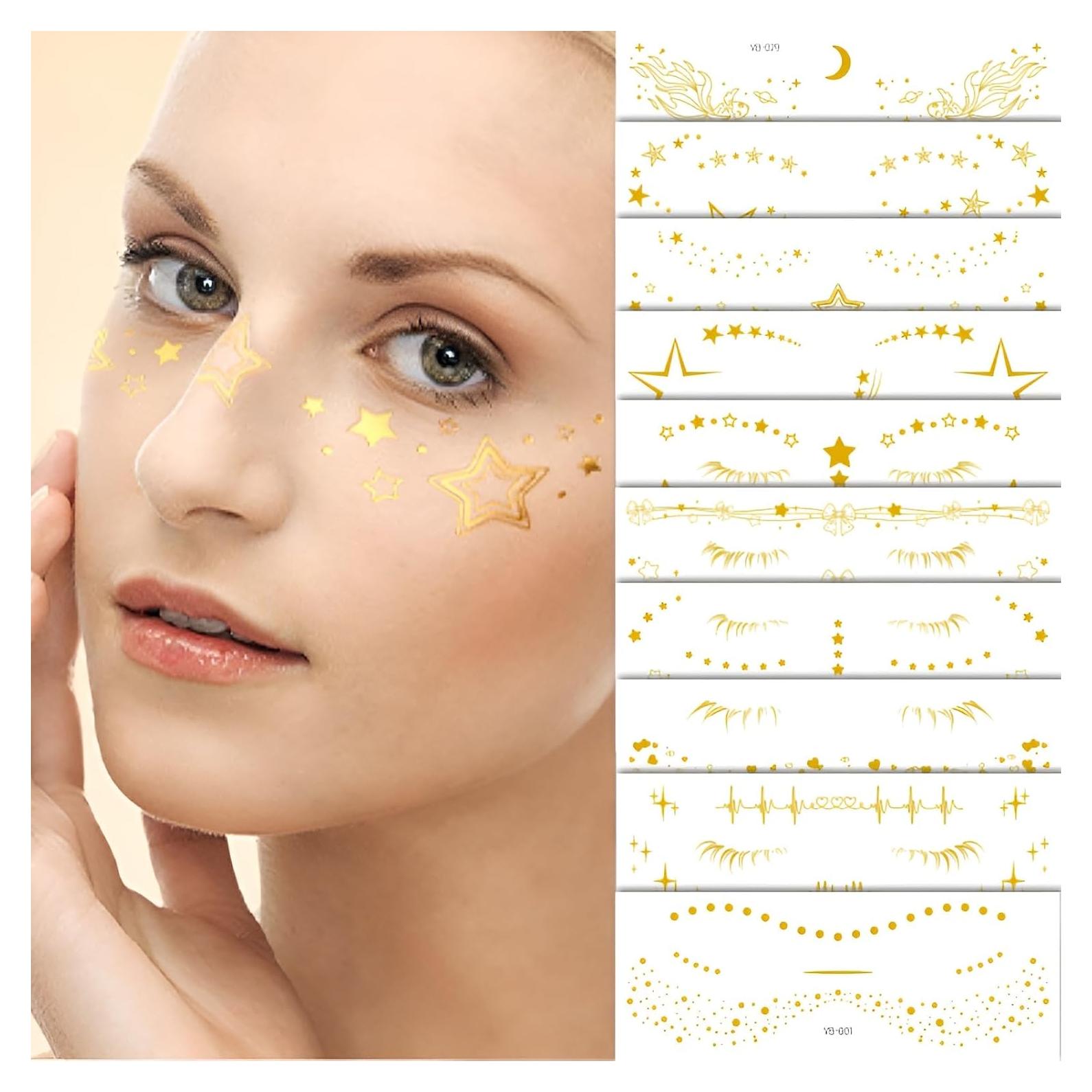 10 Pcs Tatuajes Temporales de Pecas Brillantes Doradas Namrec