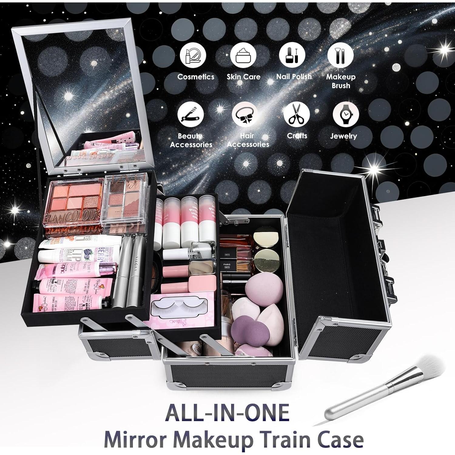 Estuche de Maquillaje Negro Frenessa con Espejo y 2 Bandejas