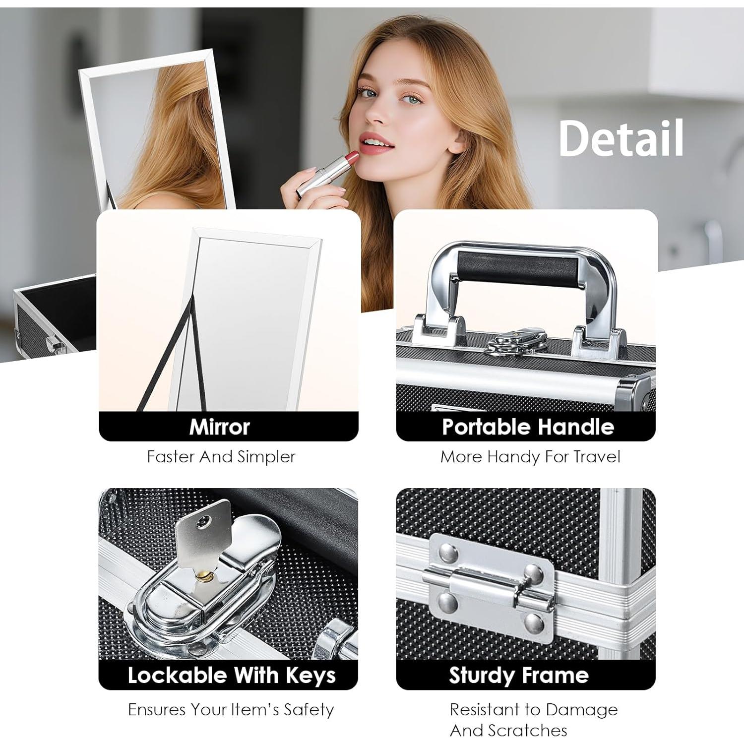 Estuche de Maquillaje Negro Frenessa con Espejo y 2 Bandejas