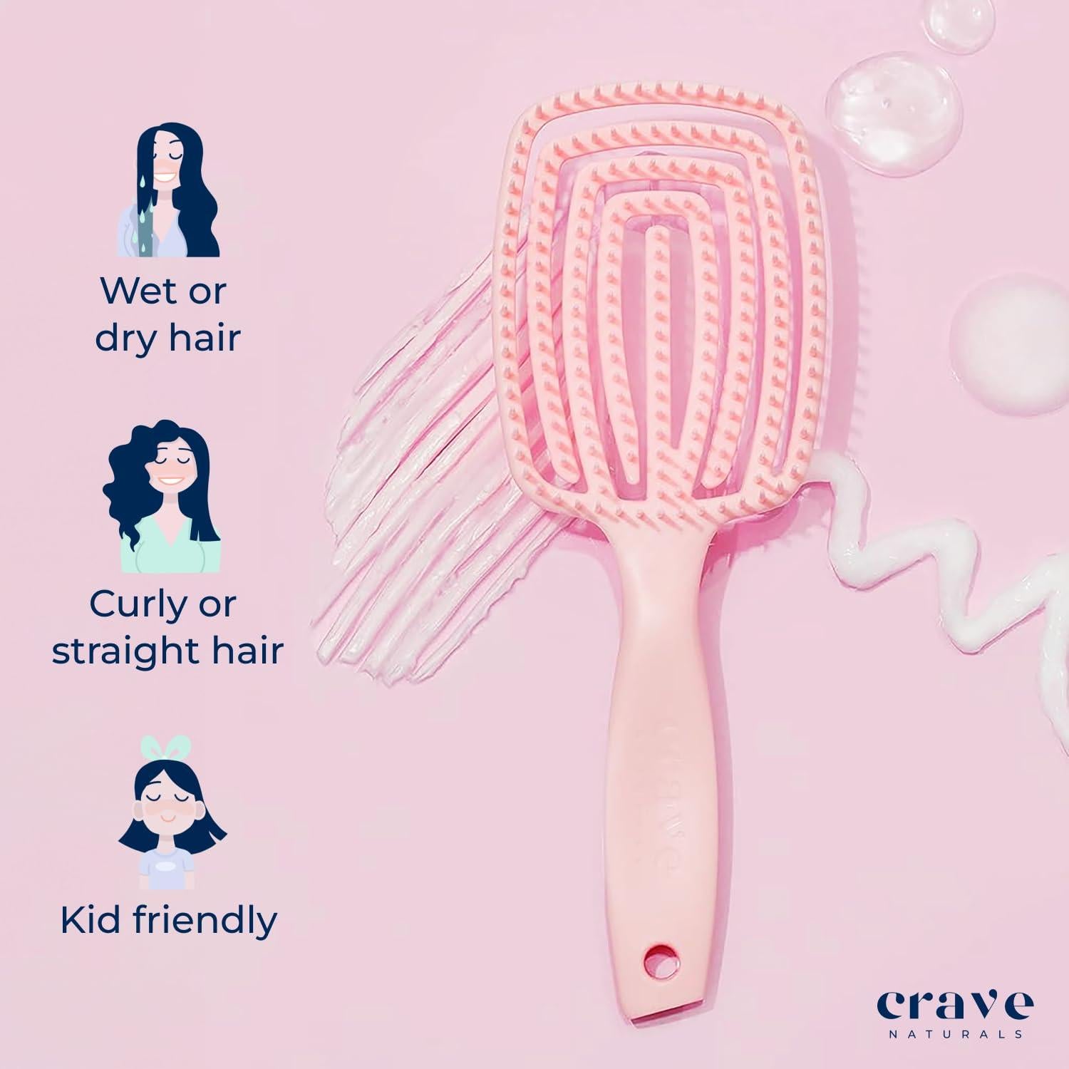Cepillo Desenredante Crave Naturals Rosa para Cabello Grueso