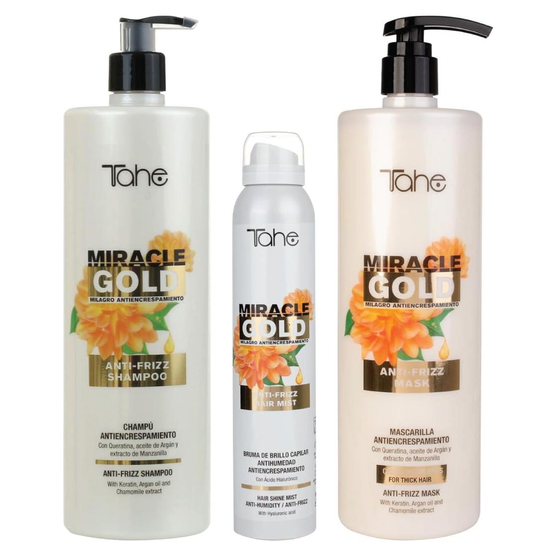 Kit Control de Frizz Tahe Miracle Gold - Champú 1000ml, Mascarilla 1000ml, Bruma Brillo 200ml