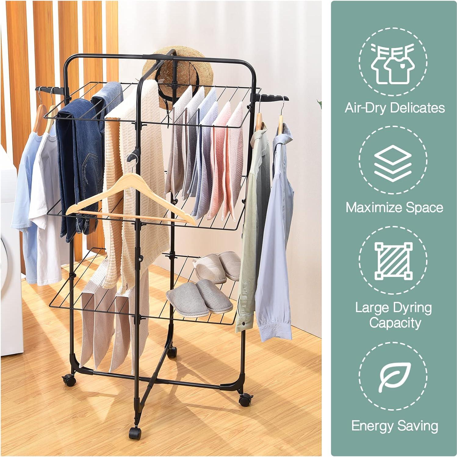 Estante de Secado de Ropa TOOLF Plegable 3 Niveles con Ruedas