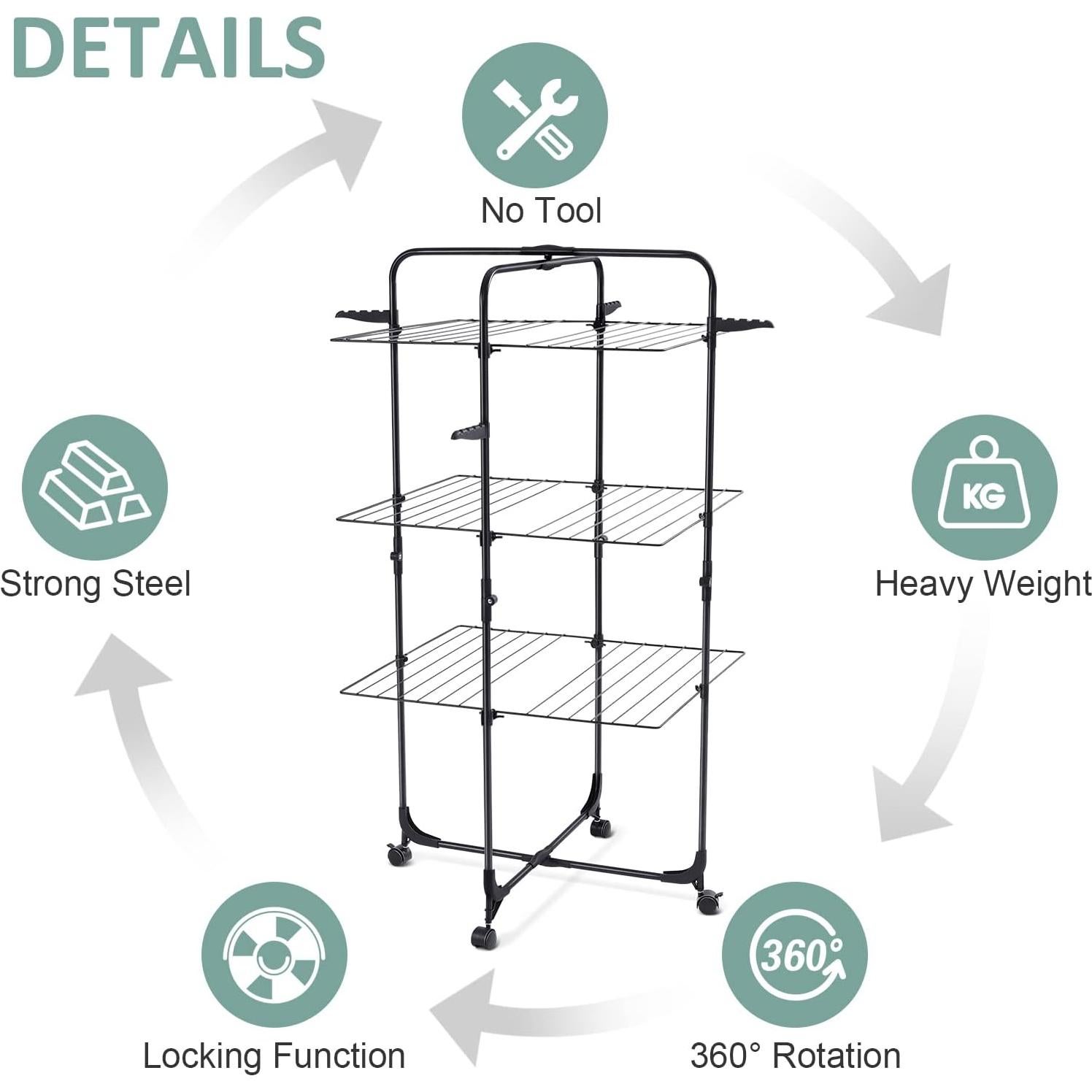Estante de Secado de Ropa TOOLF Plegable 3 Niveles con Ruedas