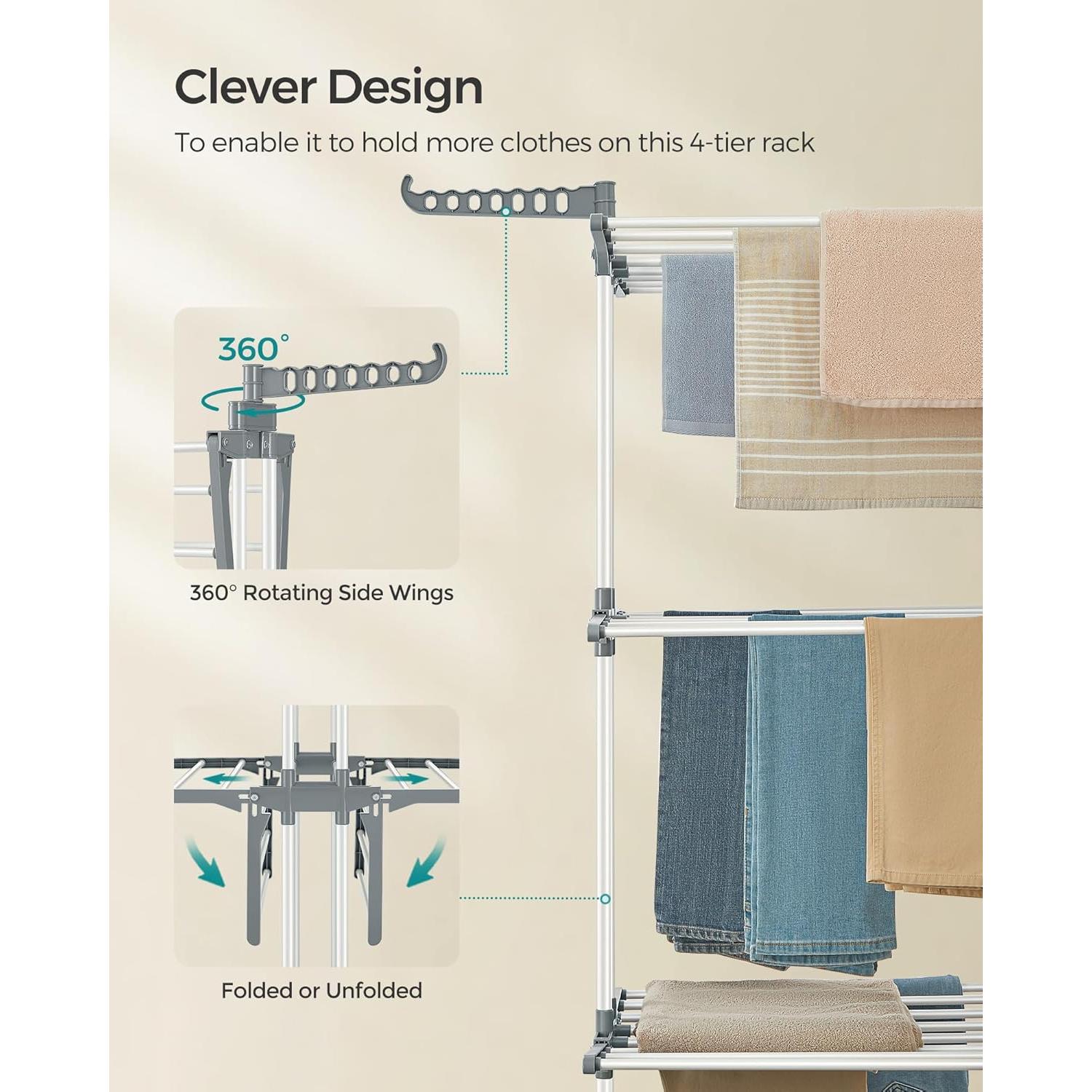 Estante Plegable para Secar Ropa SONGMICS 4 Niveles Blanco 173 cm