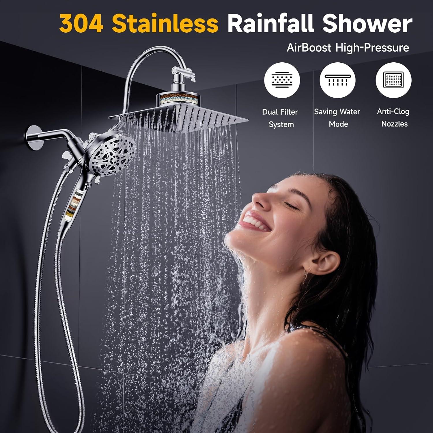 Cabezal de Ducha Doble Filtrado EBOATOP 8'' Alta Presión Cromo