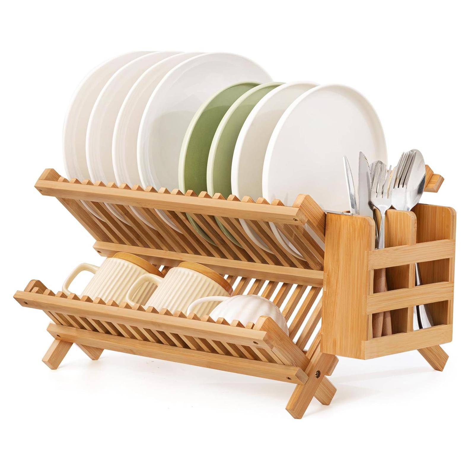 Escurridor de Platos Plegable Oyydecor de Bambú 2 Niveles