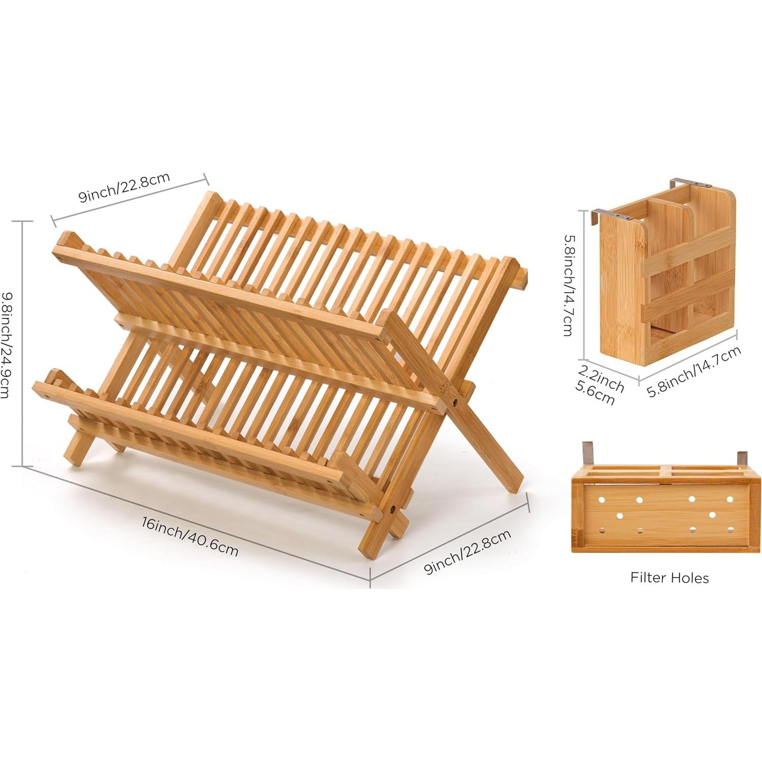 Escurridor de Platos Plegable Oyydecor de Bambú 2 Niveles