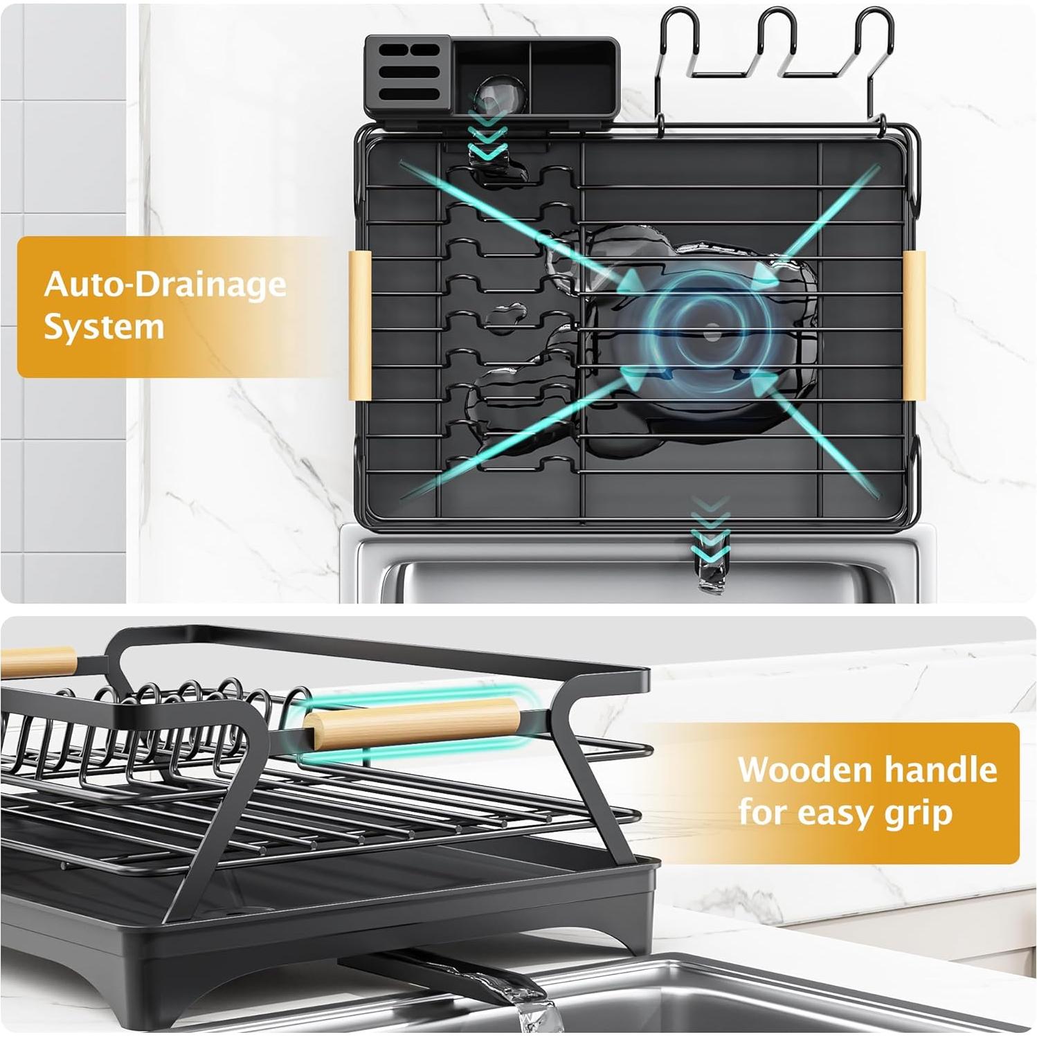 Escurridor de Platos Epicano Negro con Drenaje Automático 43.5x31 cm