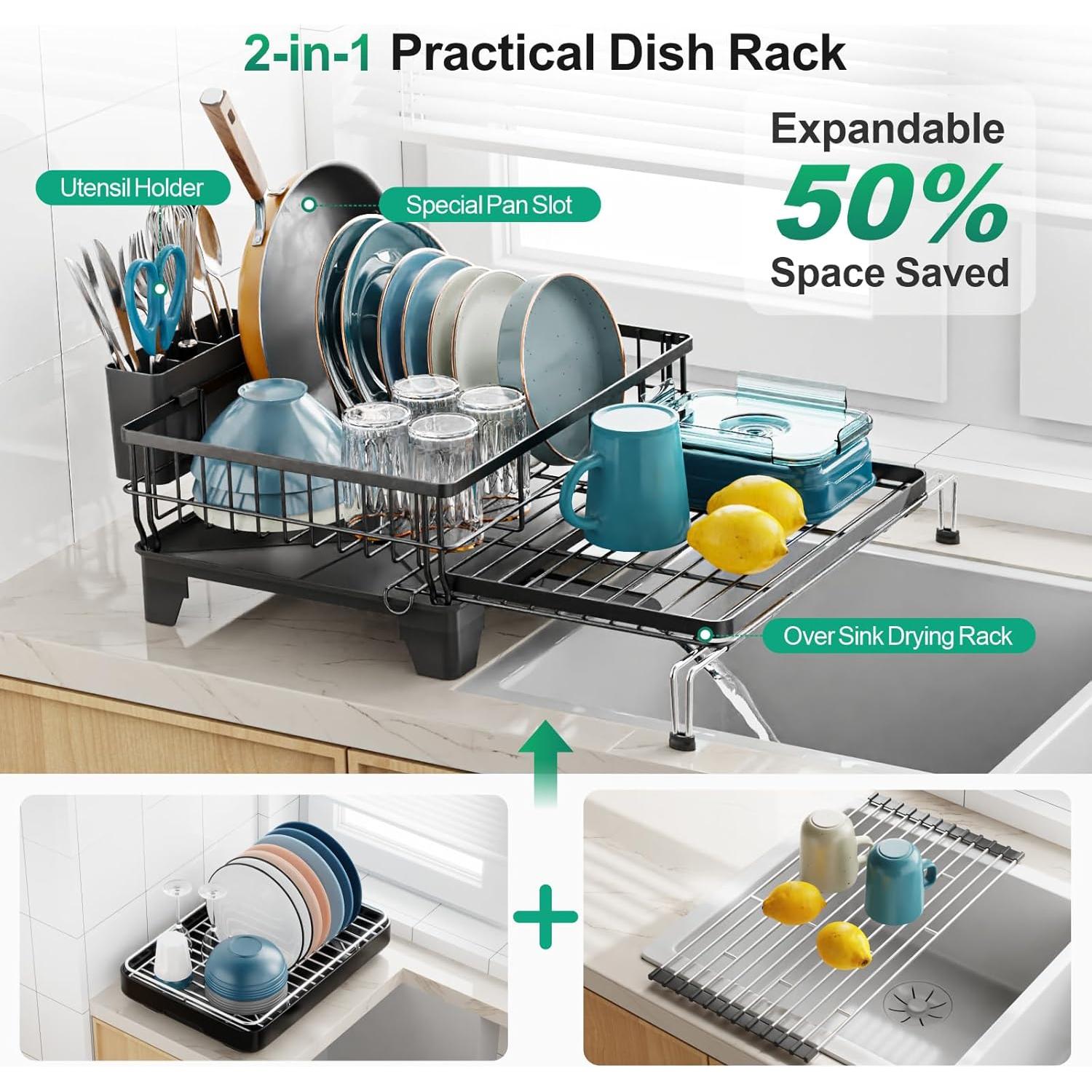 Escurridor de Platos Extensible GSlife - Negro 2 en 1 para Fregadero