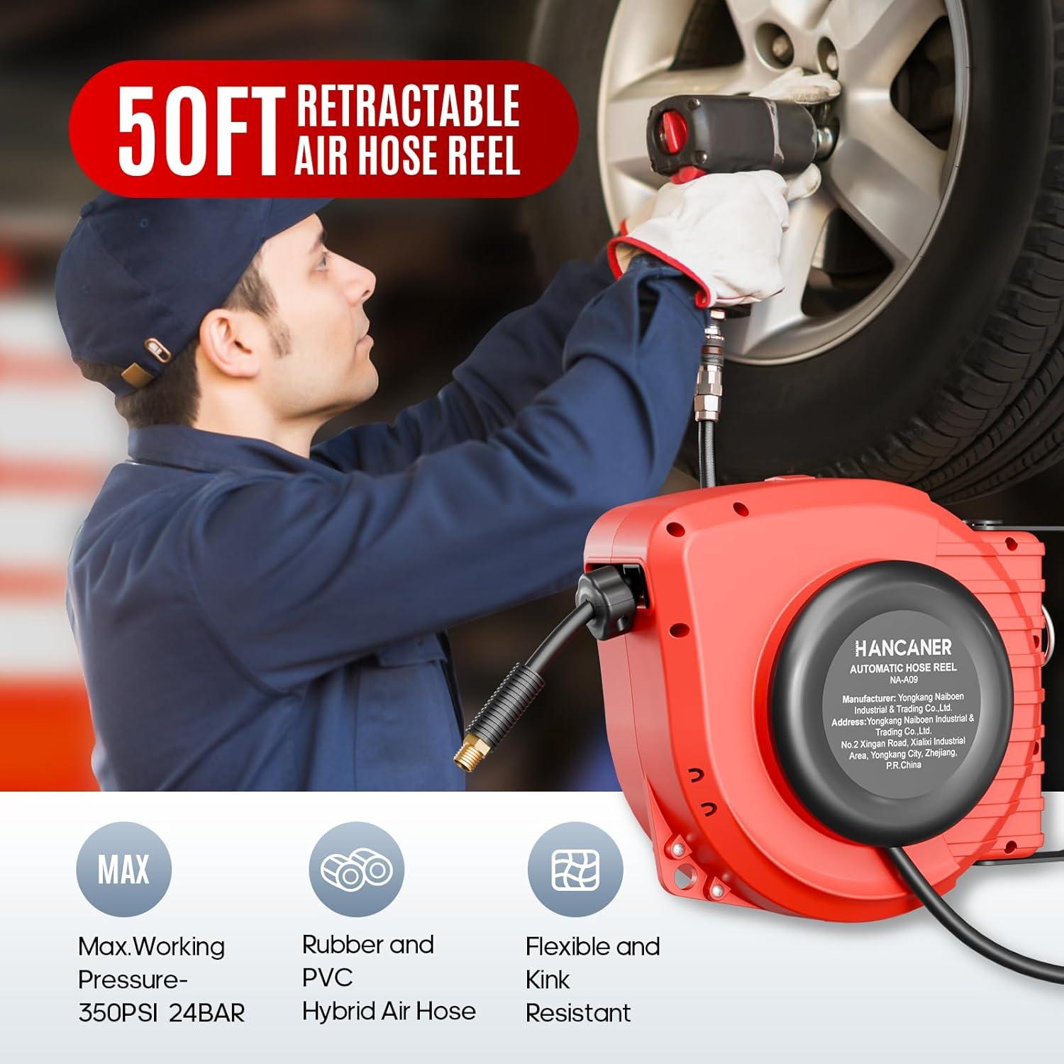 Carrete Retráctil de Manguera de Aire Hancaner 50FT (15.24m) 350 PSI