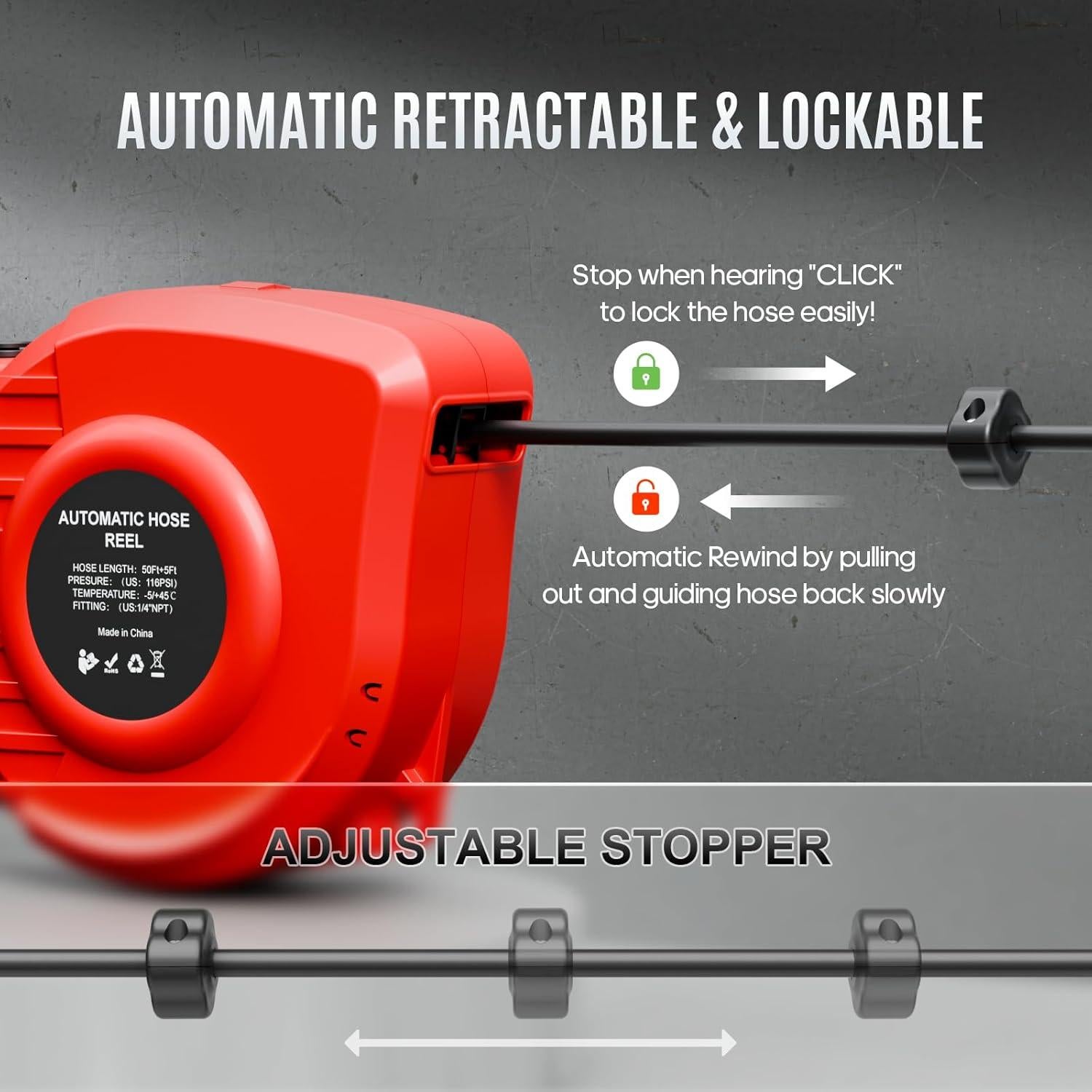 Carrete Retráctil de Manguera de Aire Hancaner 50FT (15.24m) 350 PSI