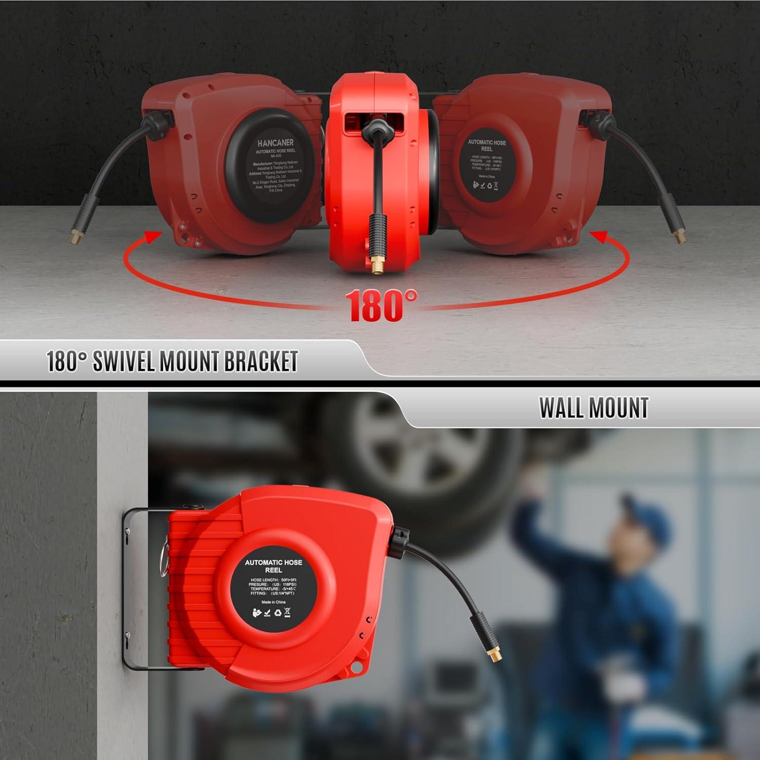 Carrete Retráctil de Manguera de Aire Hancaner 50FT (15.24m) 350 PSI