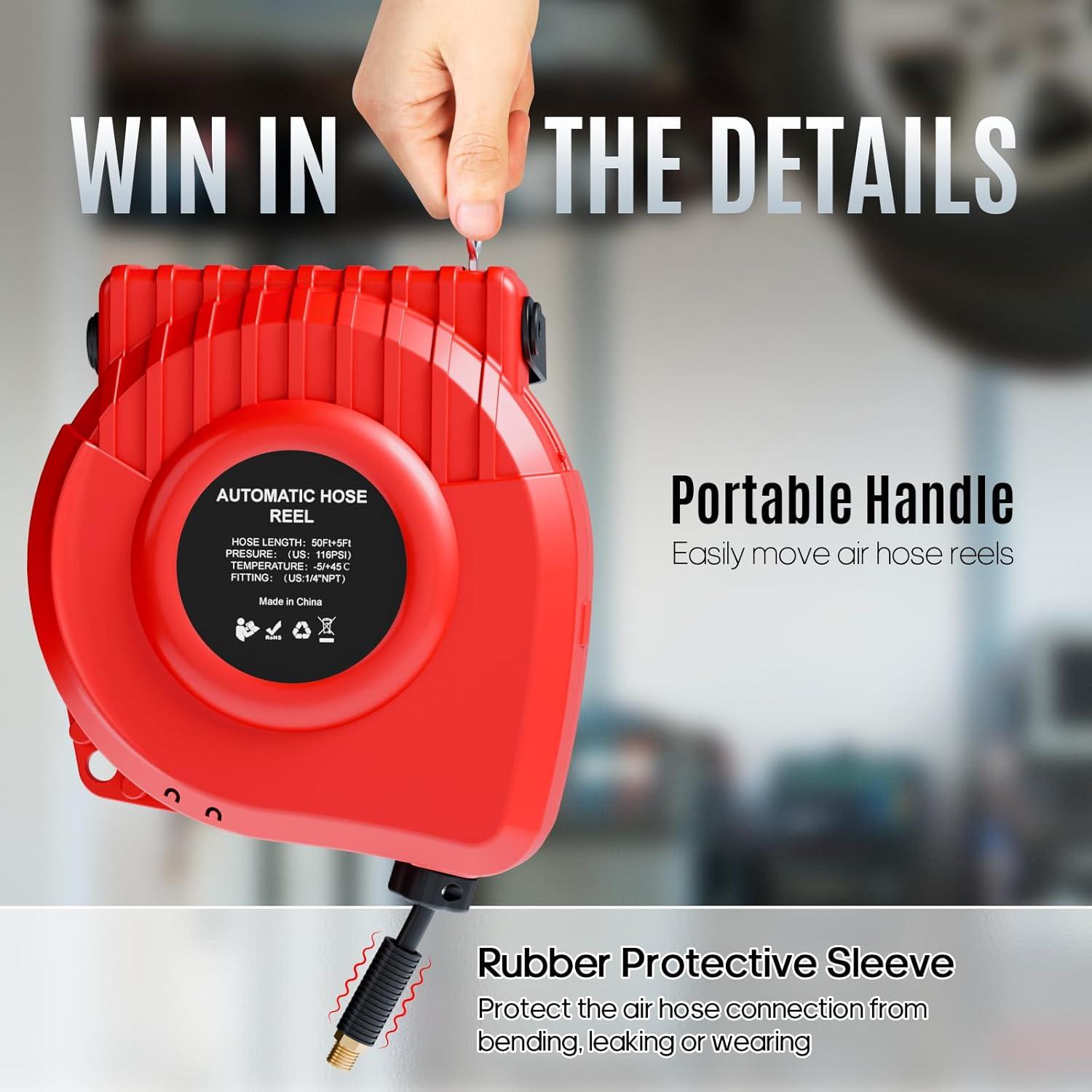 Carrete Retráctil de Manguera de Aire Hancaner 50FT (15.24m) 350 PSI