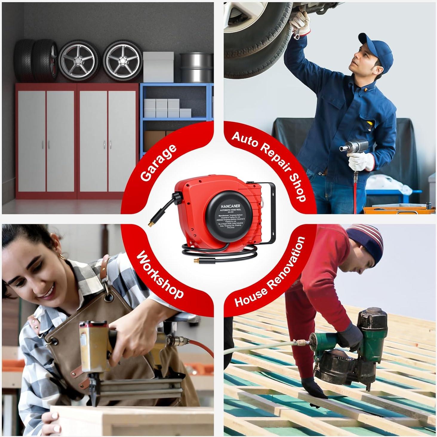 Carrete Retráctil de Manguera de Aire Hancaner 50FT (15.24m) 350 PSI
