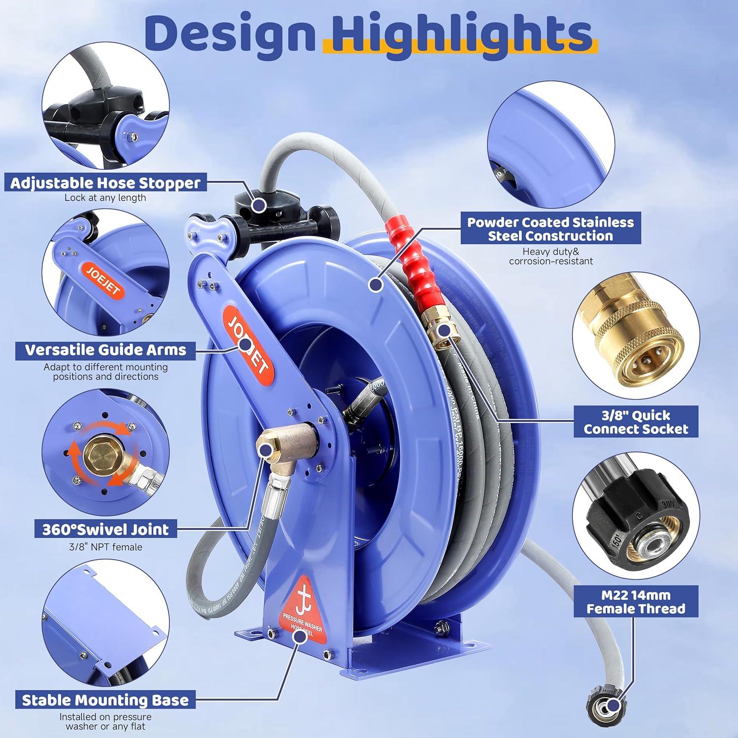 Carrete de Manguera Retráctil JOEJET 15.24m 4000 PSI Azul
