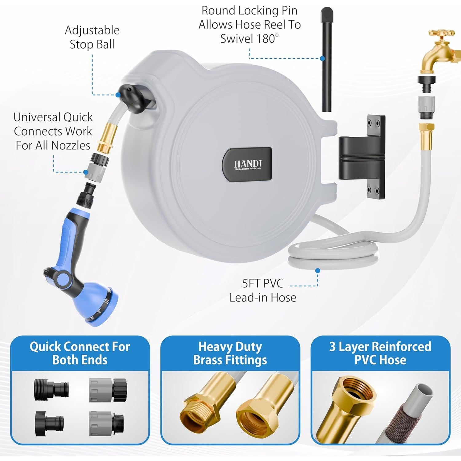 Carrete de Manguera de Jardín Retráctil HANDT 15.24 m Gris