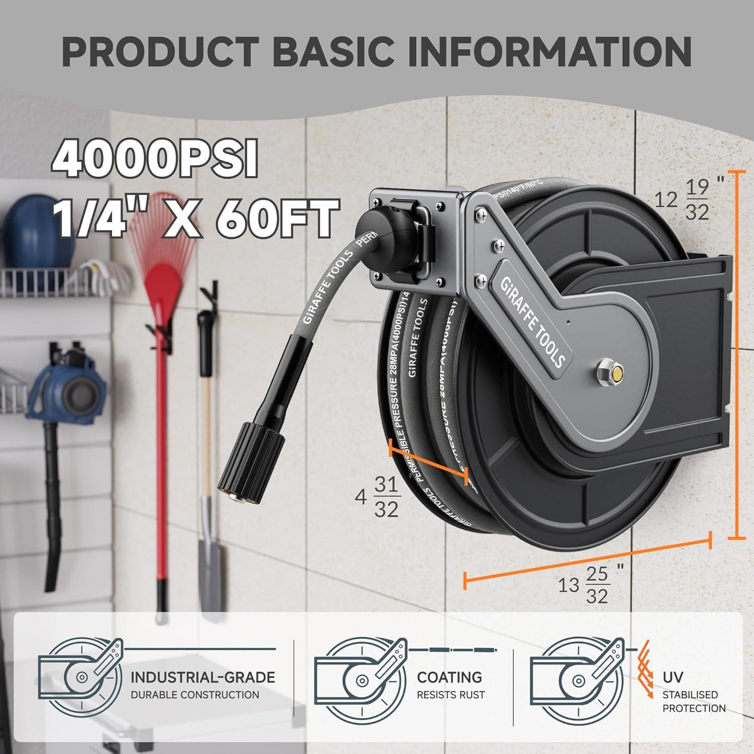 Carrete de Manguera Giraffe Tools 60 pies Retráctil 4000 PSI