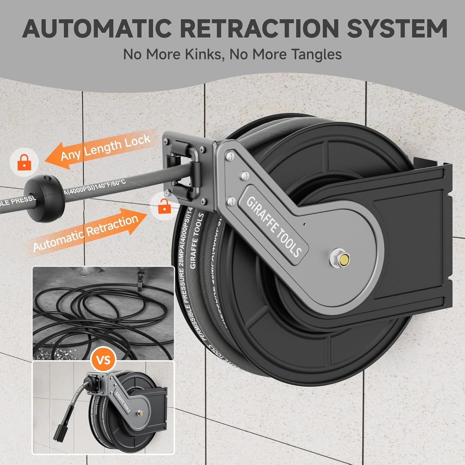 Carrete de Manguera Giraffe Tools 60 pies Retráctil 4000 PSI