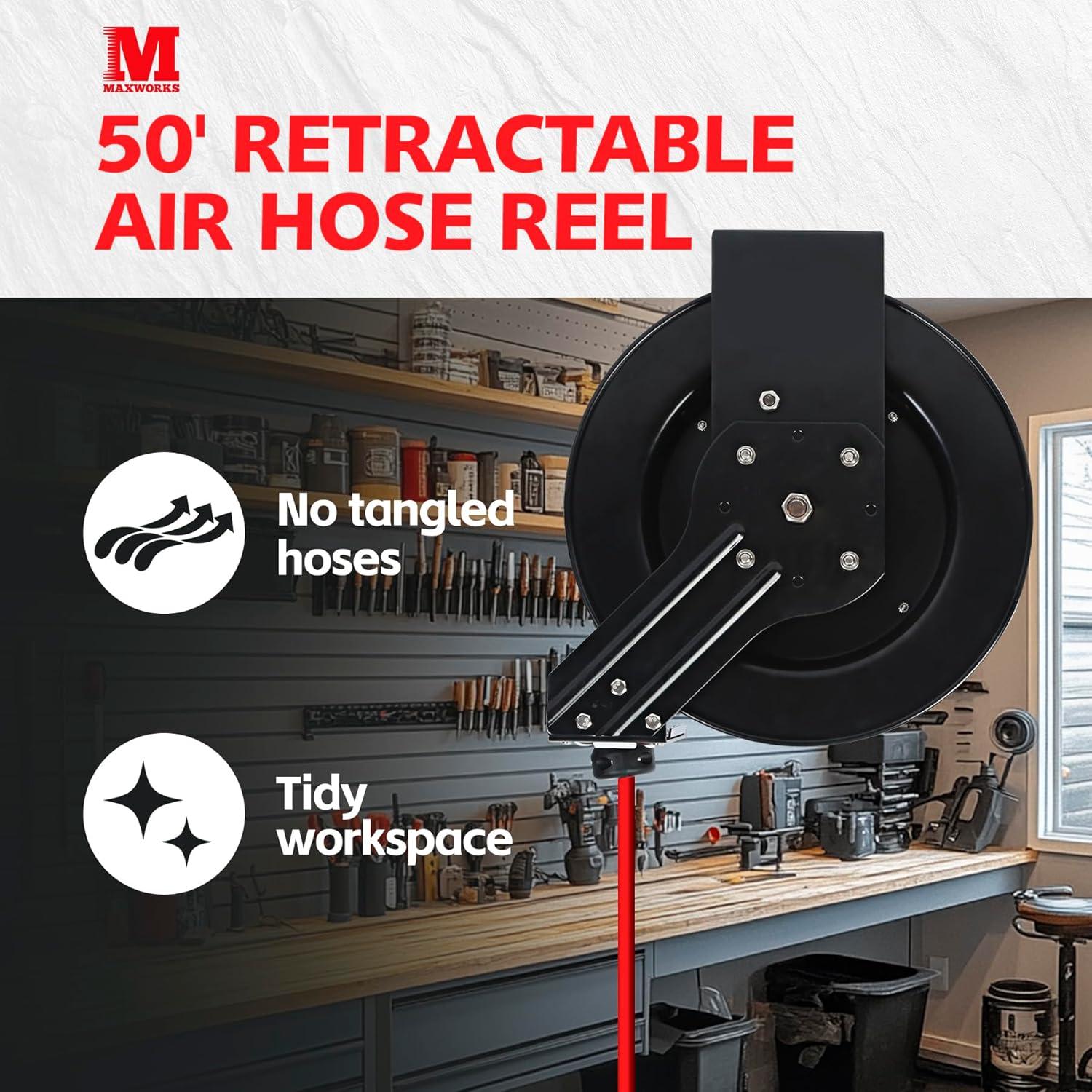 Carrete Retráctil de Manguera de Aire MaxWorks 15.24m 250 PSI