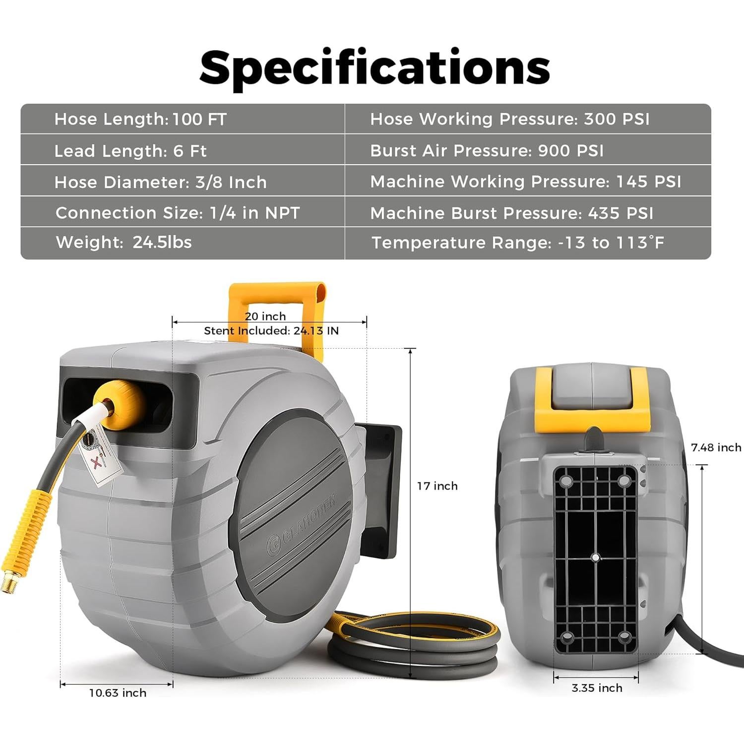 Carrete de Manguera de Aire GLAHODEN 30.48 m 9.53 mm Retráctil