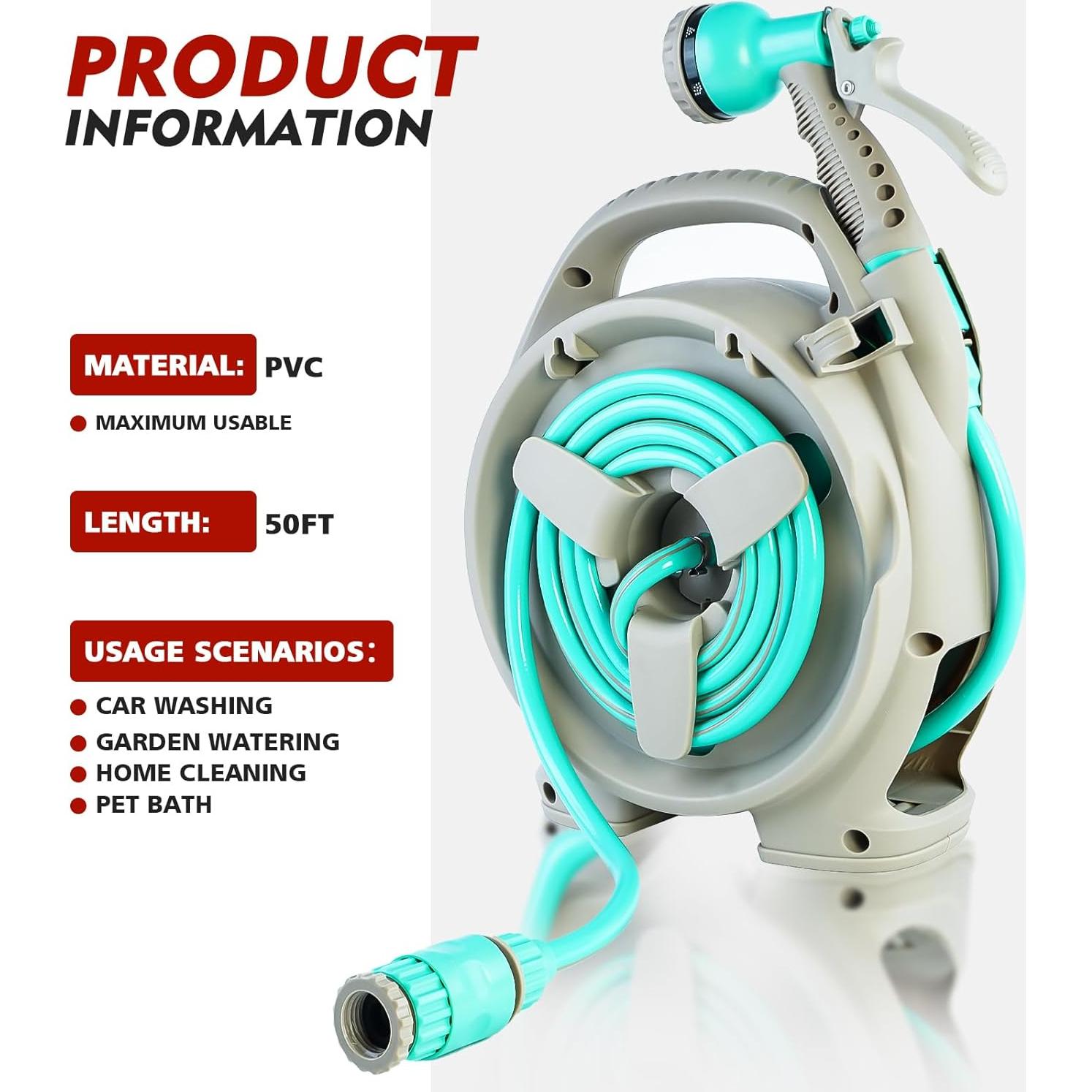 Carrete de Manguera de Jardín KURTEP 50 pies Retráctil Azul