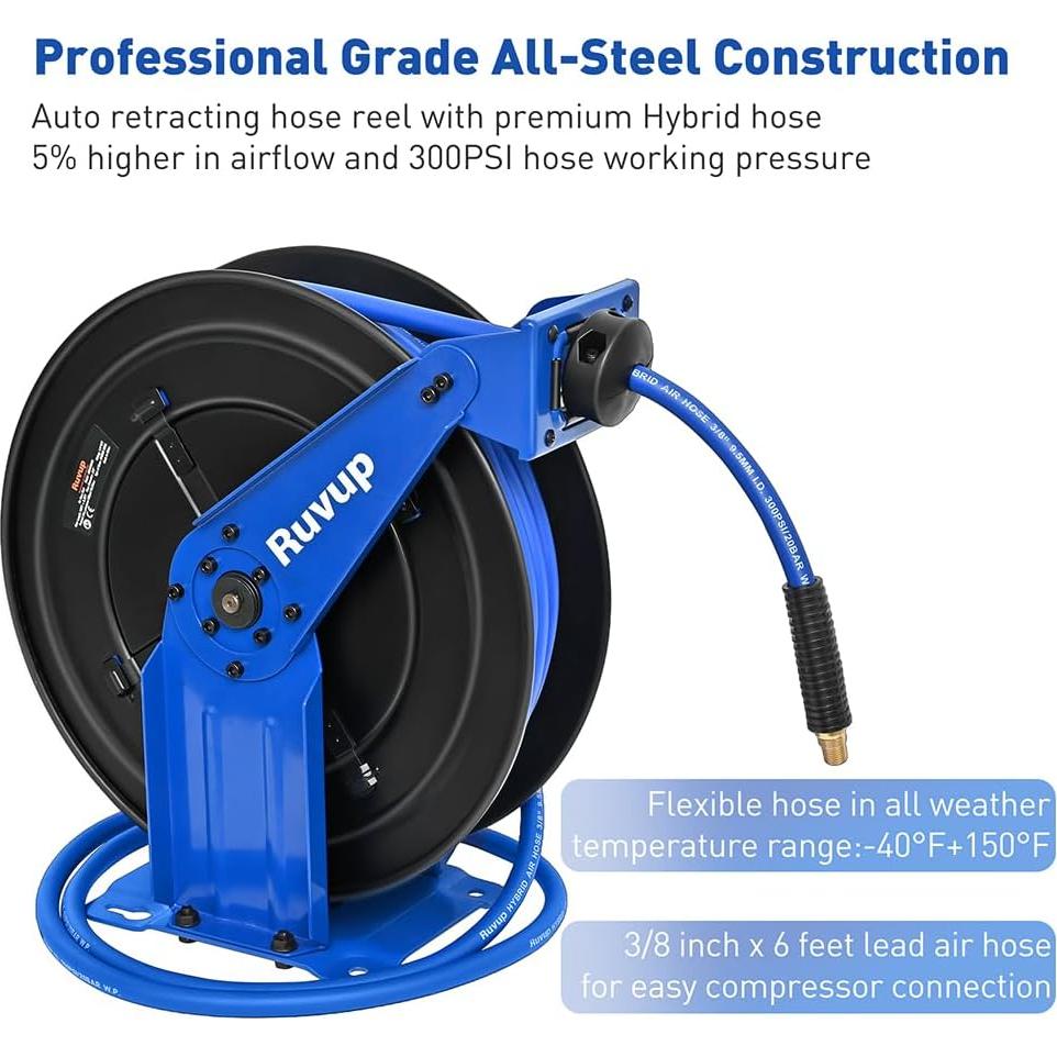 Carrete Retráctil de Manguera de Aire Ruvup 3/8" x 22.86m 300PSI