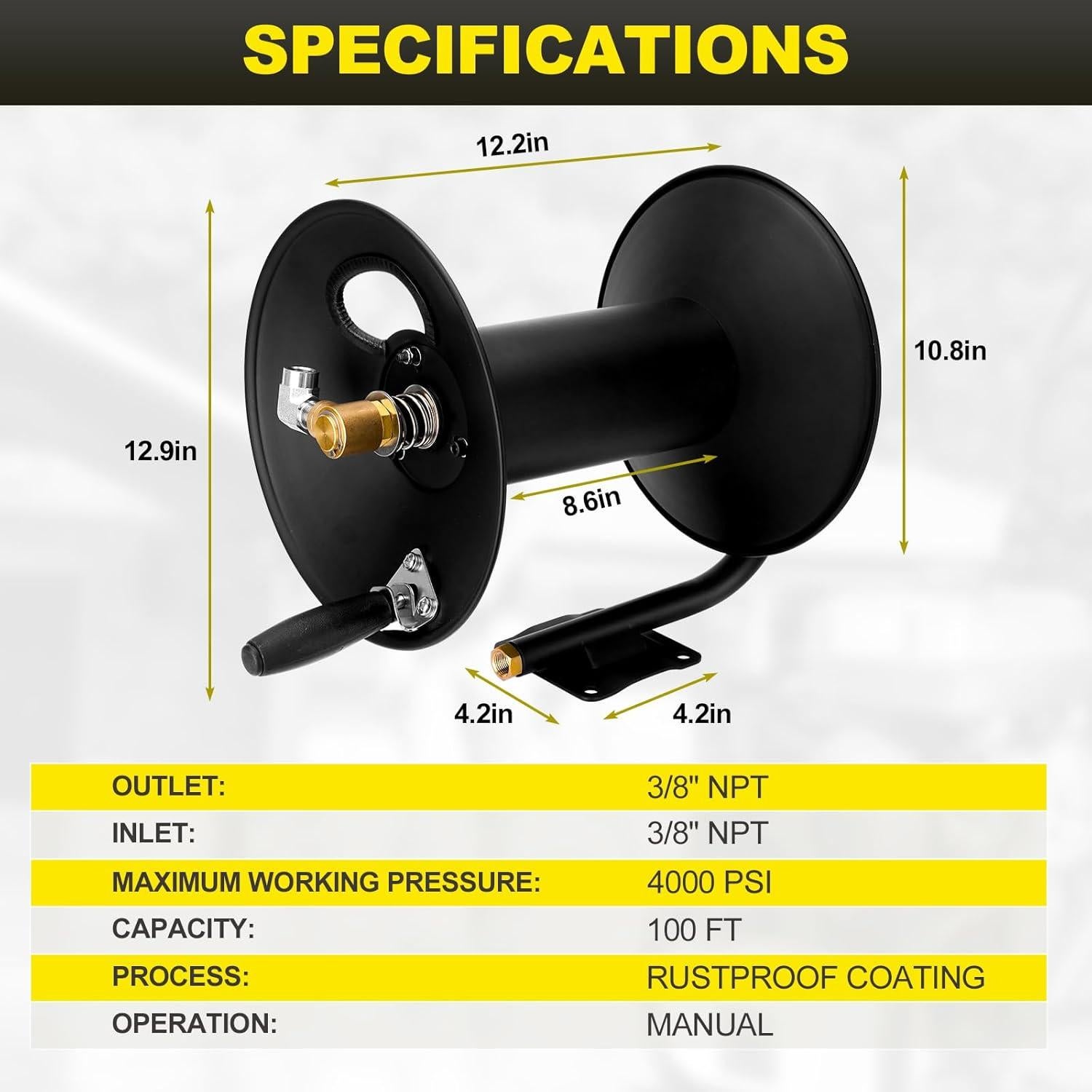 Carrete de Manguera de Alta Presión YEHERIT 30m 4000 PSI