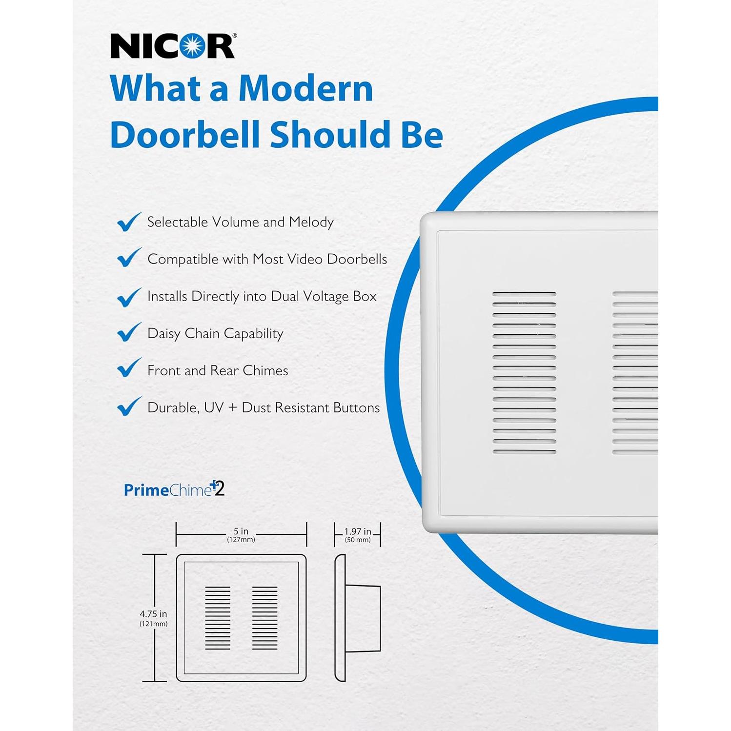 Timbre Eléctrico PrimeChime Plus 2 NICOR - Botón Básico Blanco