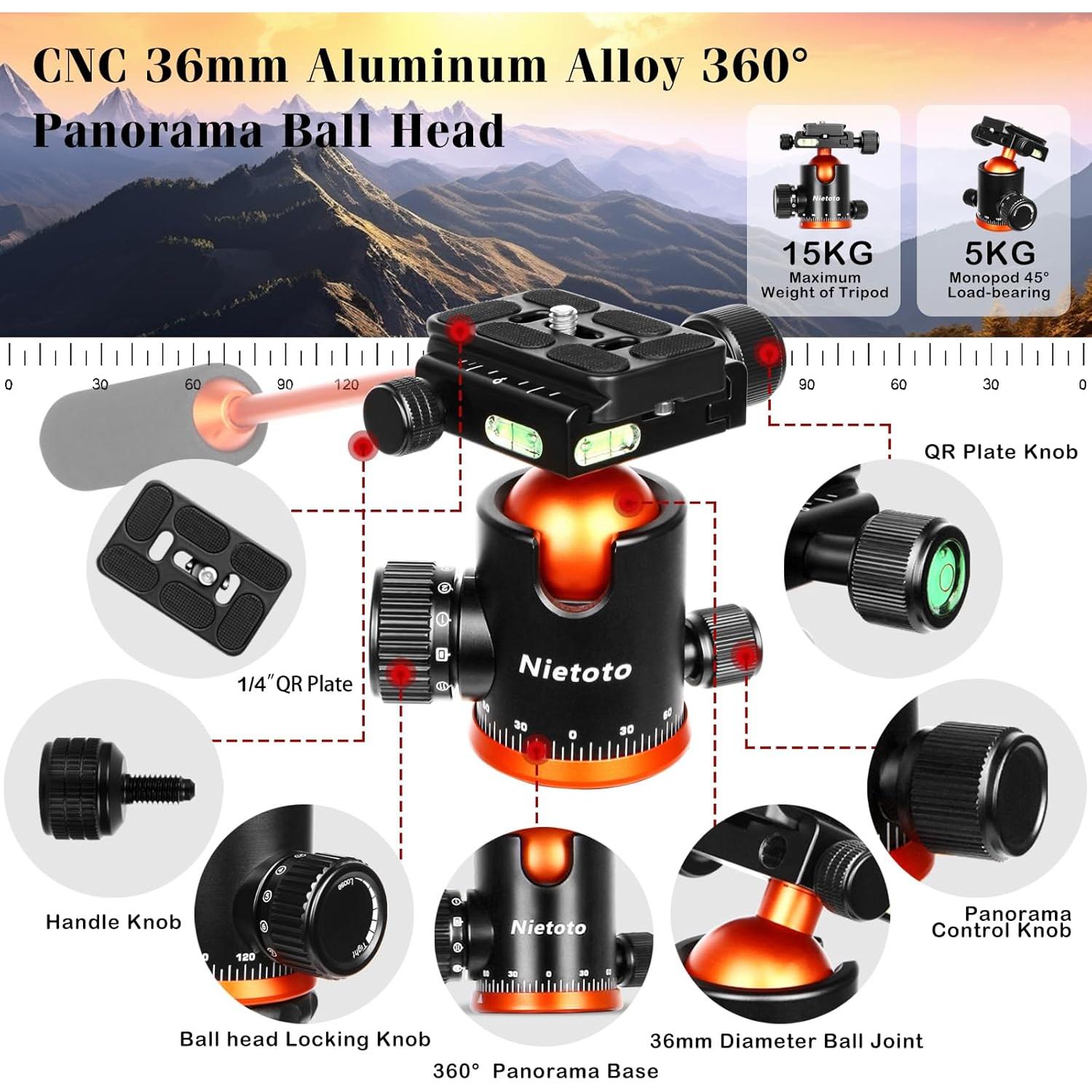 Trípode 172 cm Nietoto Naranja con Cabezal de Bola CNC