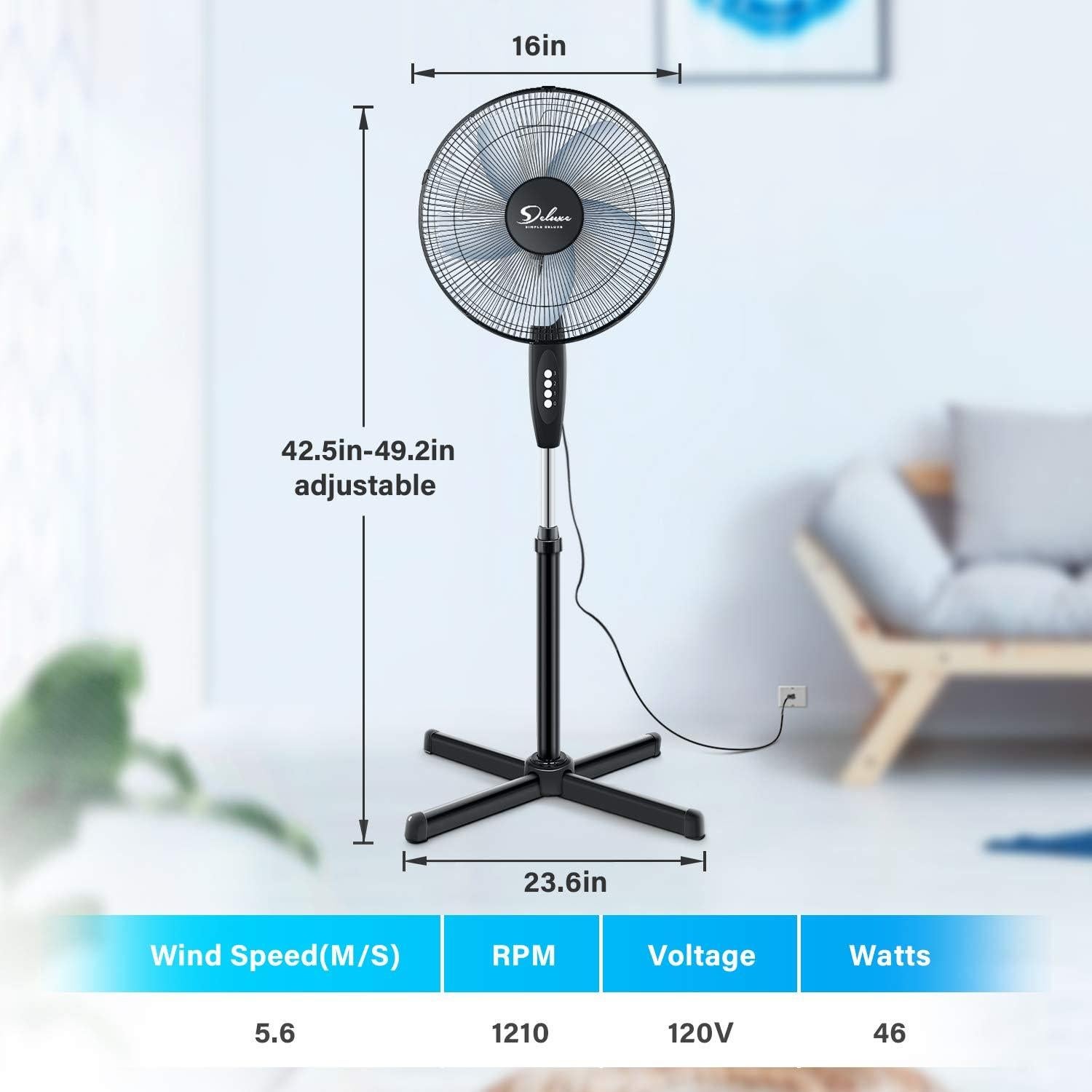 Ventilador de pedestal oscilante Simple Deluxe 16" 3 velocidades negro