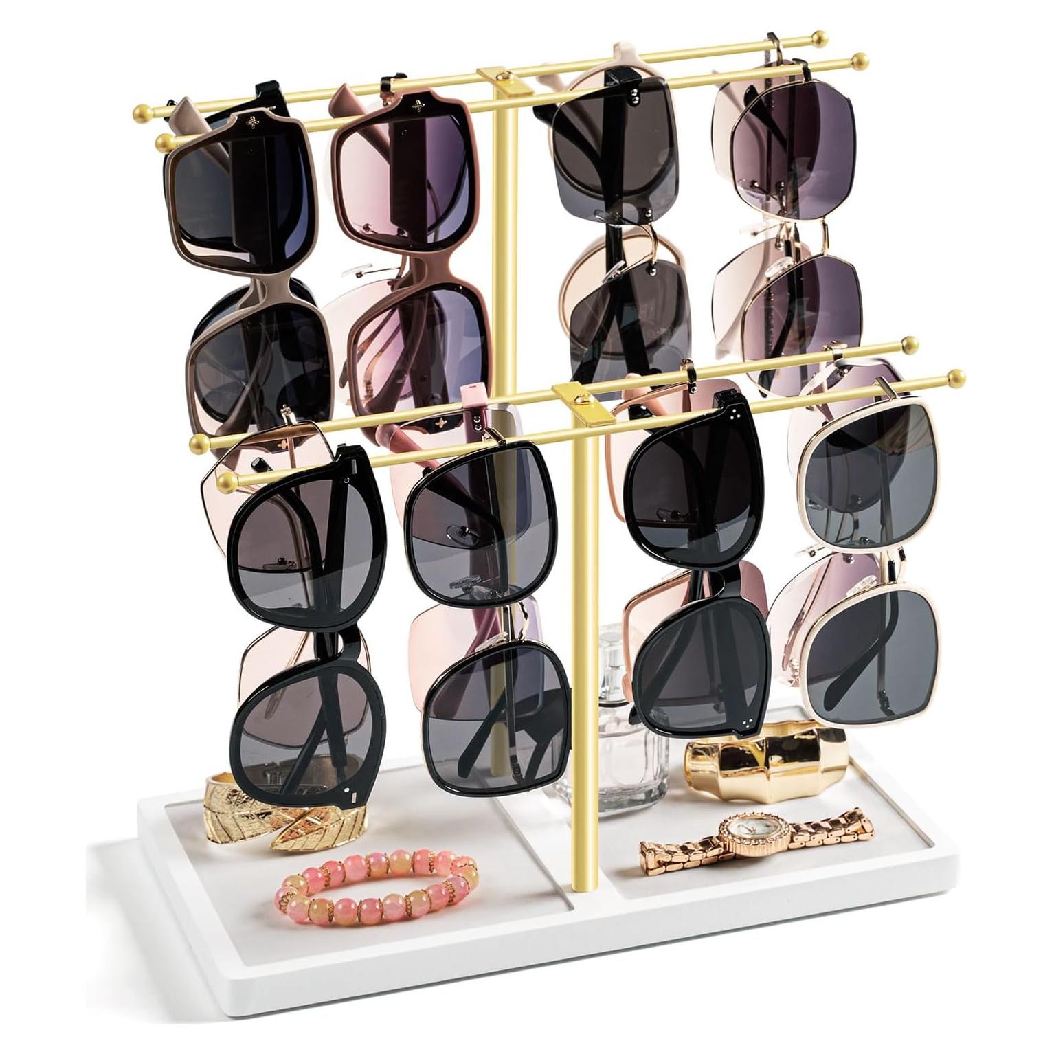 Organizador de Gafas de 16 Pares con Base de Madera - Oro/Blanco