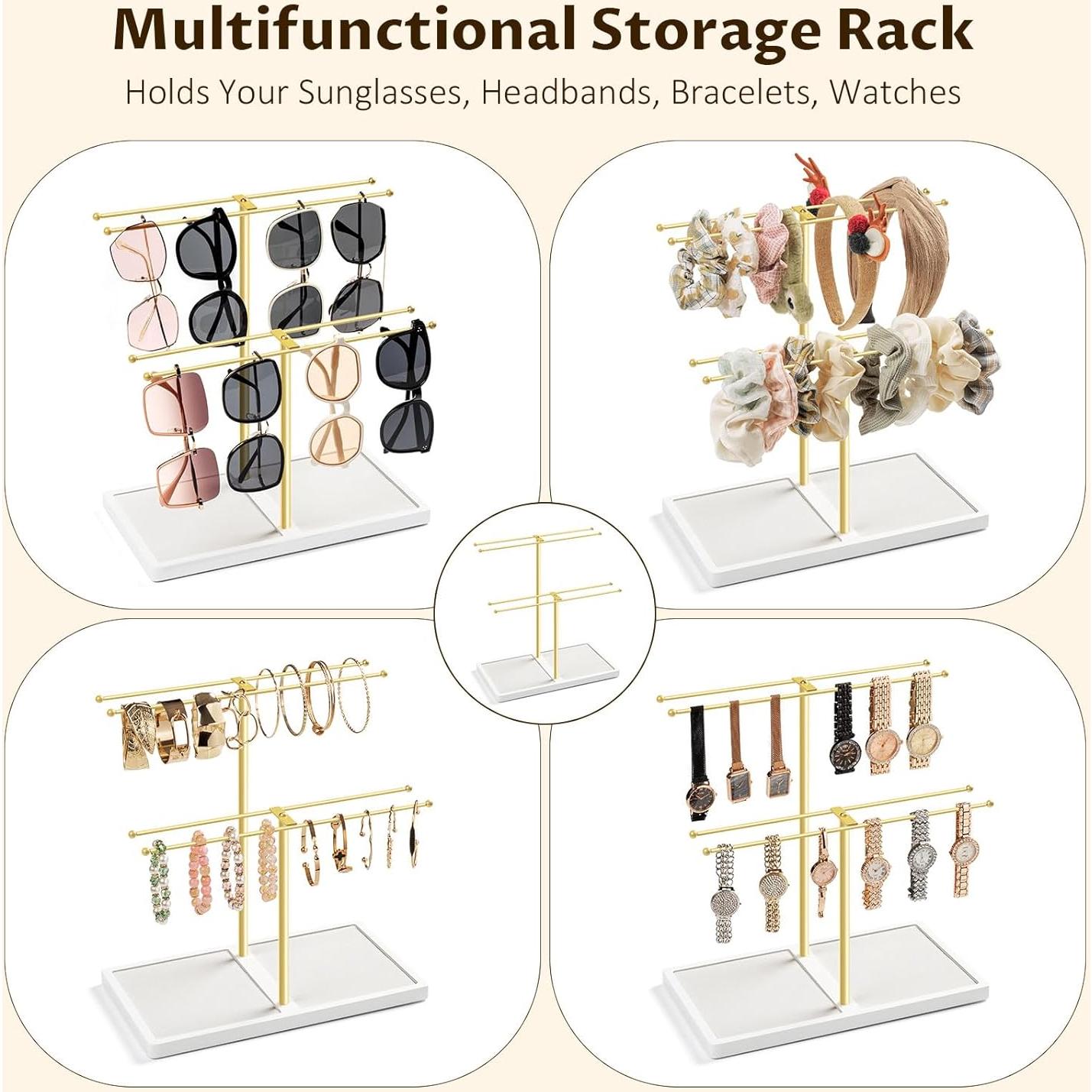 Organizador de Gafas de 16 Pares con Base de Madera - Oro/Blanco