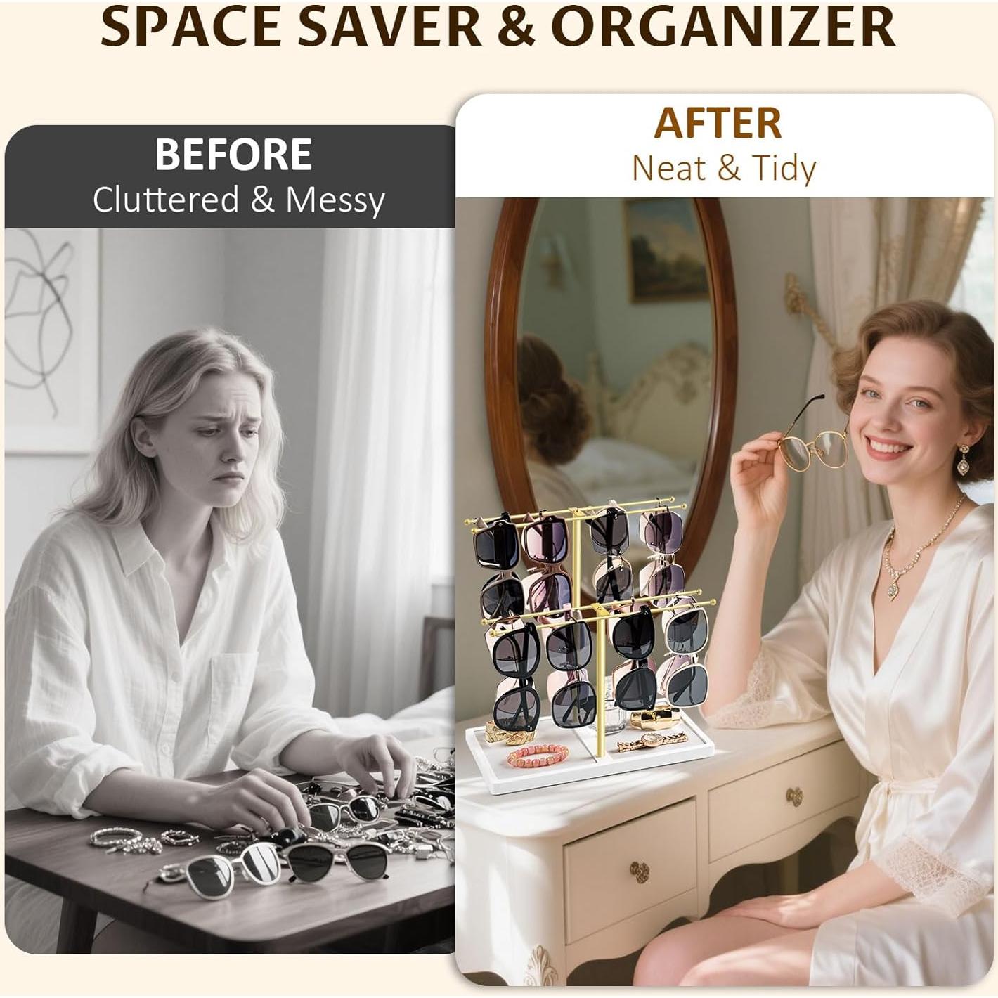 Organizador de Gafas de 16 Pares con Base de Madera - Oro/Blanco