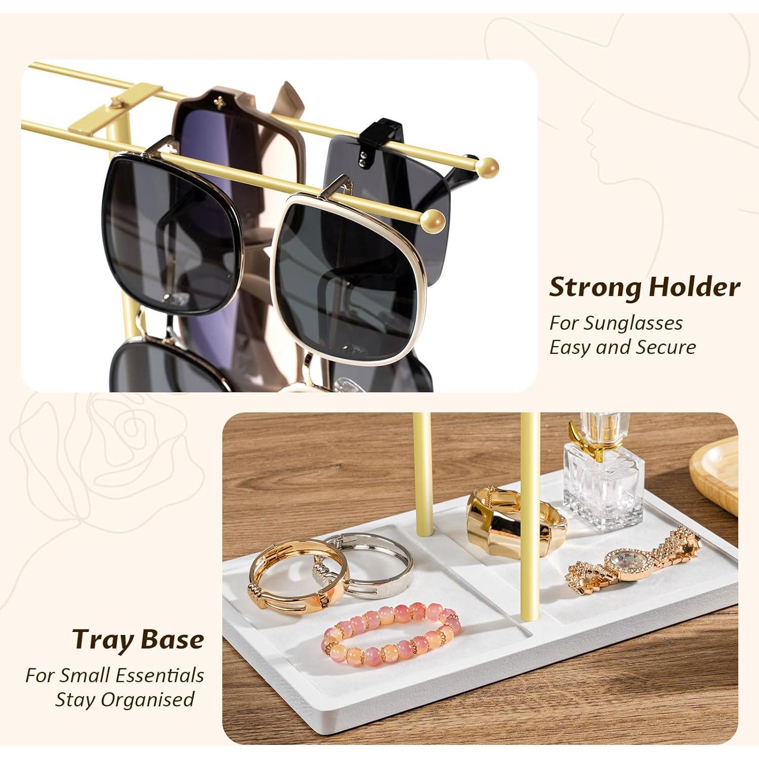 Organizador de Gafas de 16 Pares con Base de Madera - Oro/Blanco