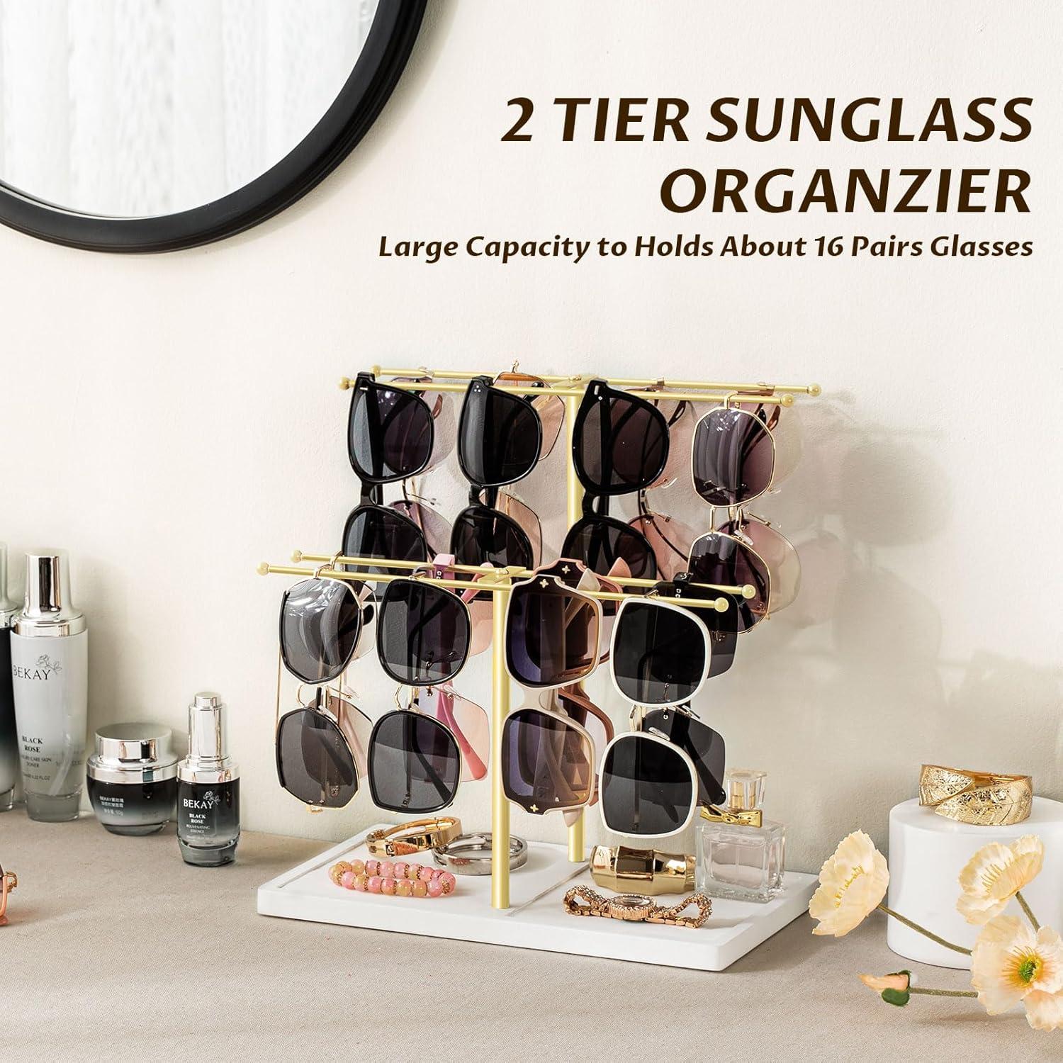 Organizador de Gafas de 16 Pares con Base de Madera - Oro/Blanco