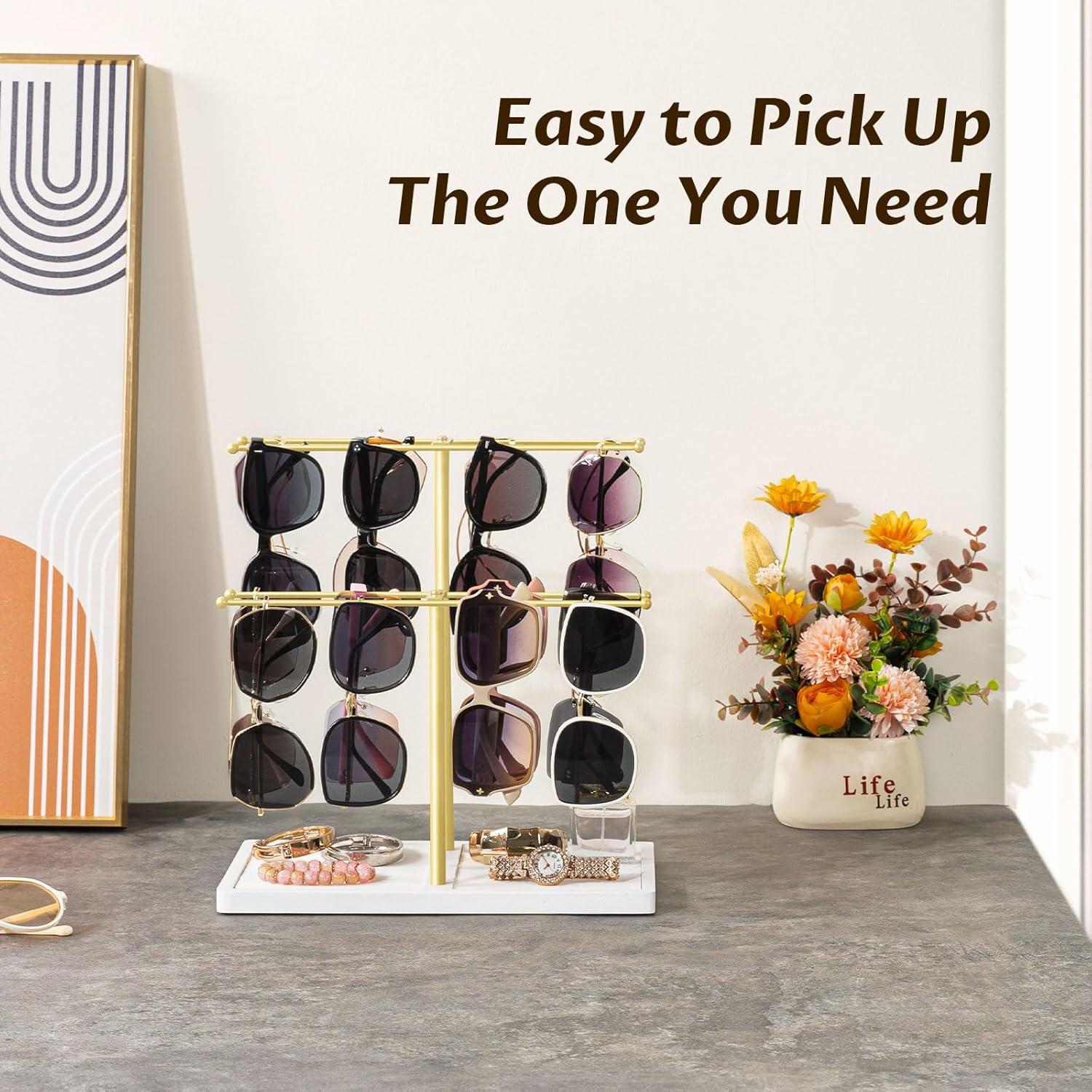 Organizador de Gafas de 16 Pares con Base de Madera - Oro/Blanco