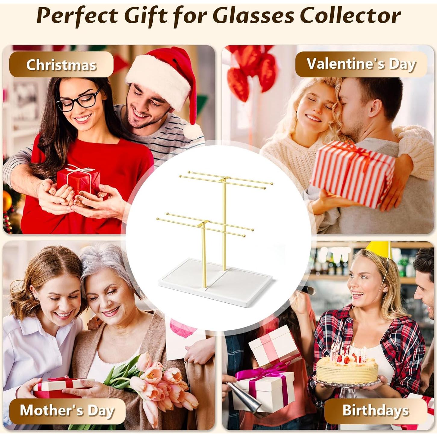 Organizador de Gafas de 16 Pares con Base de Madera - Oro/Blanco