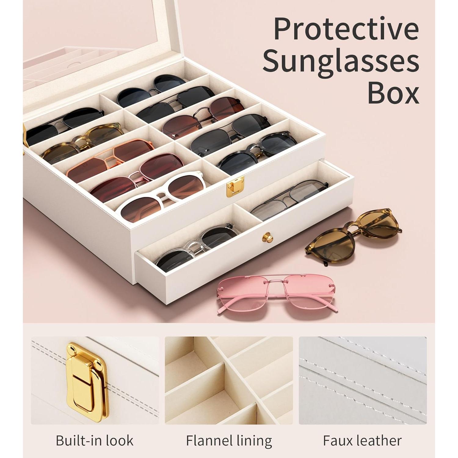 Organizador de Gafas de Sol 20 Compartimentos Blanco - Caja Almacenamiento Transparente